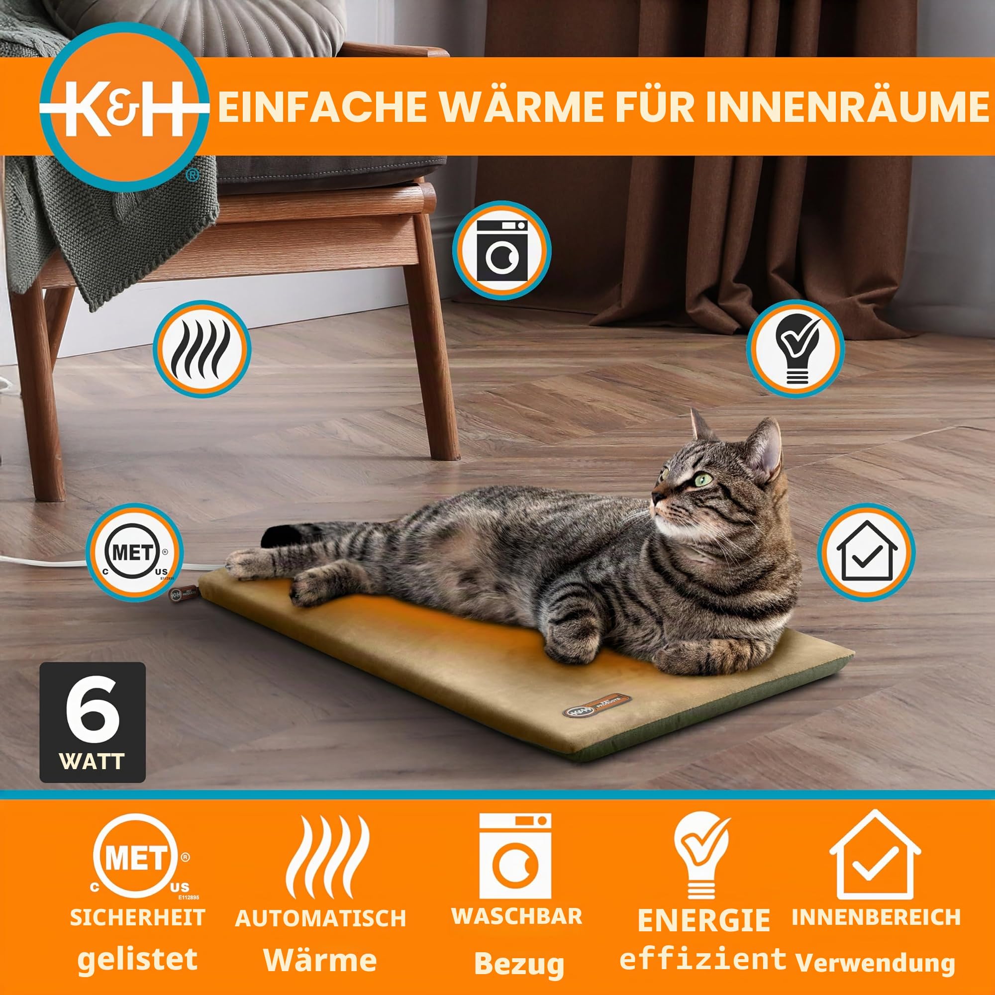 K&H Pet Products Beheiztes Katzenbett für Hauskatzen, Thermo-Kätzchen-Matte, beruhigend, warm, Haustier-Heizkissen für Haustiere, maschinenwaschbar, wasserdichte Heizung, Sicherheitsliste – 12,5 x