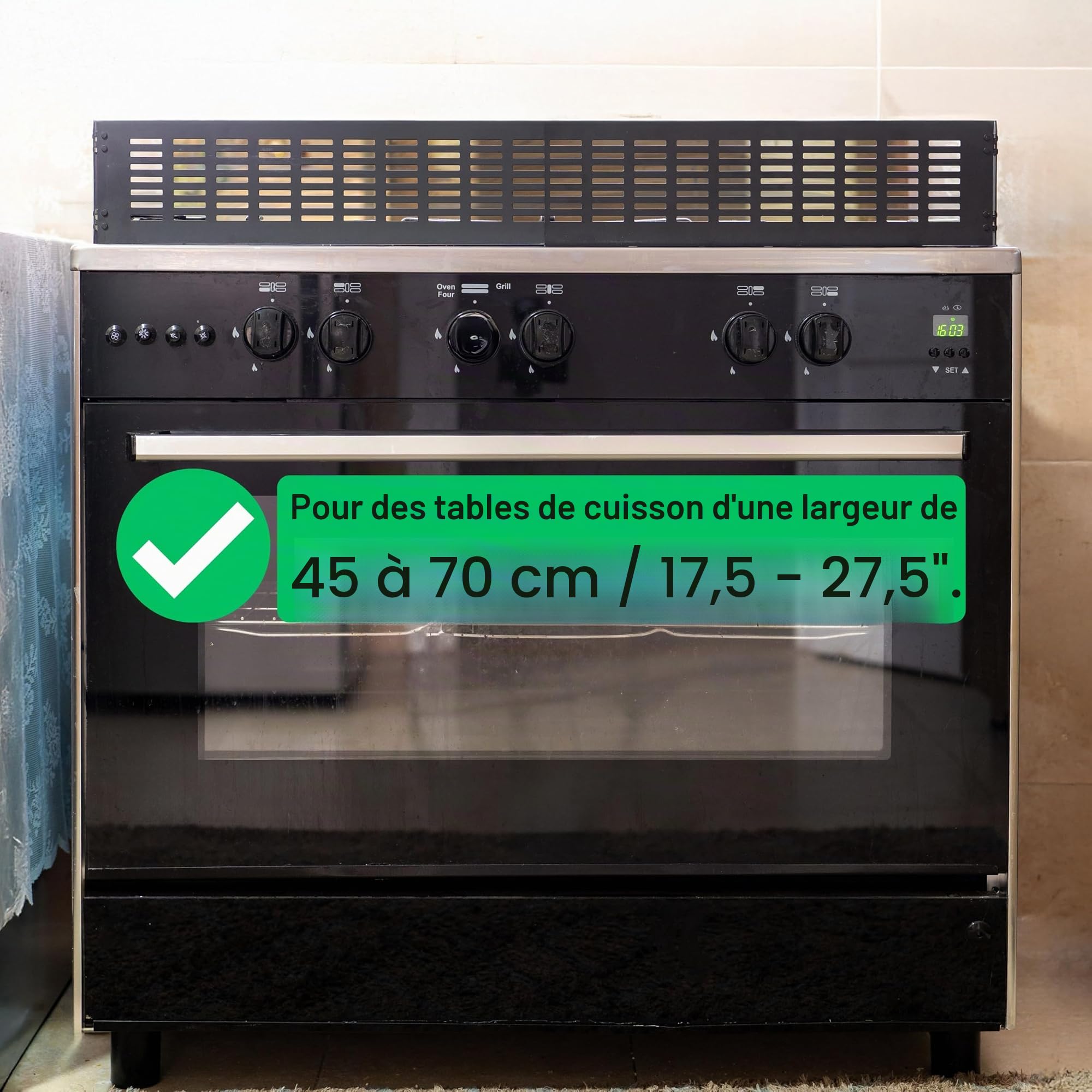 Grille de protection cuisinière sécurité enfant extensible 45-70 cm noir avec porte four bébé ailes latérales charnières