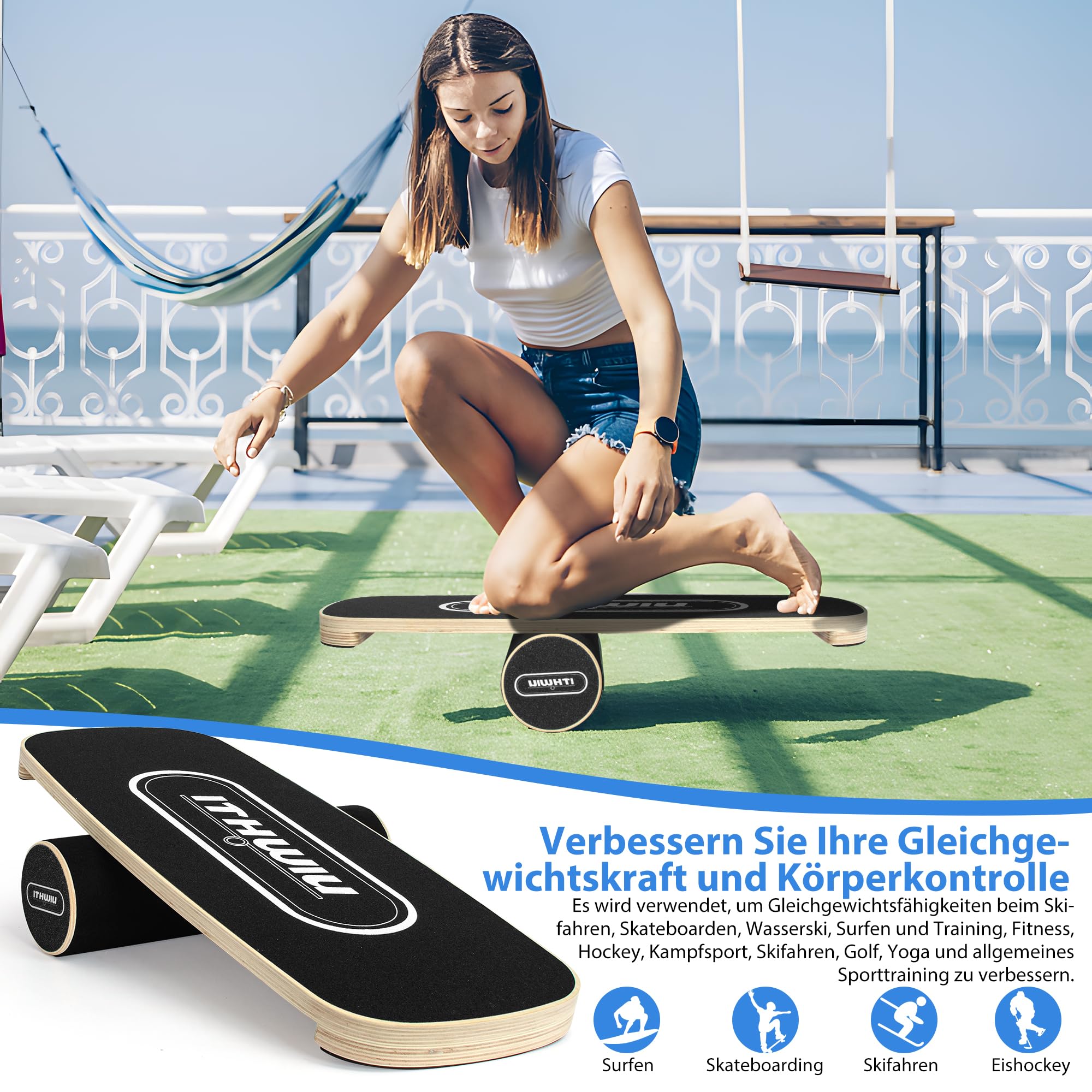 OUUTMEE Balance Board Holz Balance Ball Roller Trainer Rollbrett Balance Trainingsbrett Rutschfeste Oberfläche Körperkontrolle Balance Exerciser Schwarz