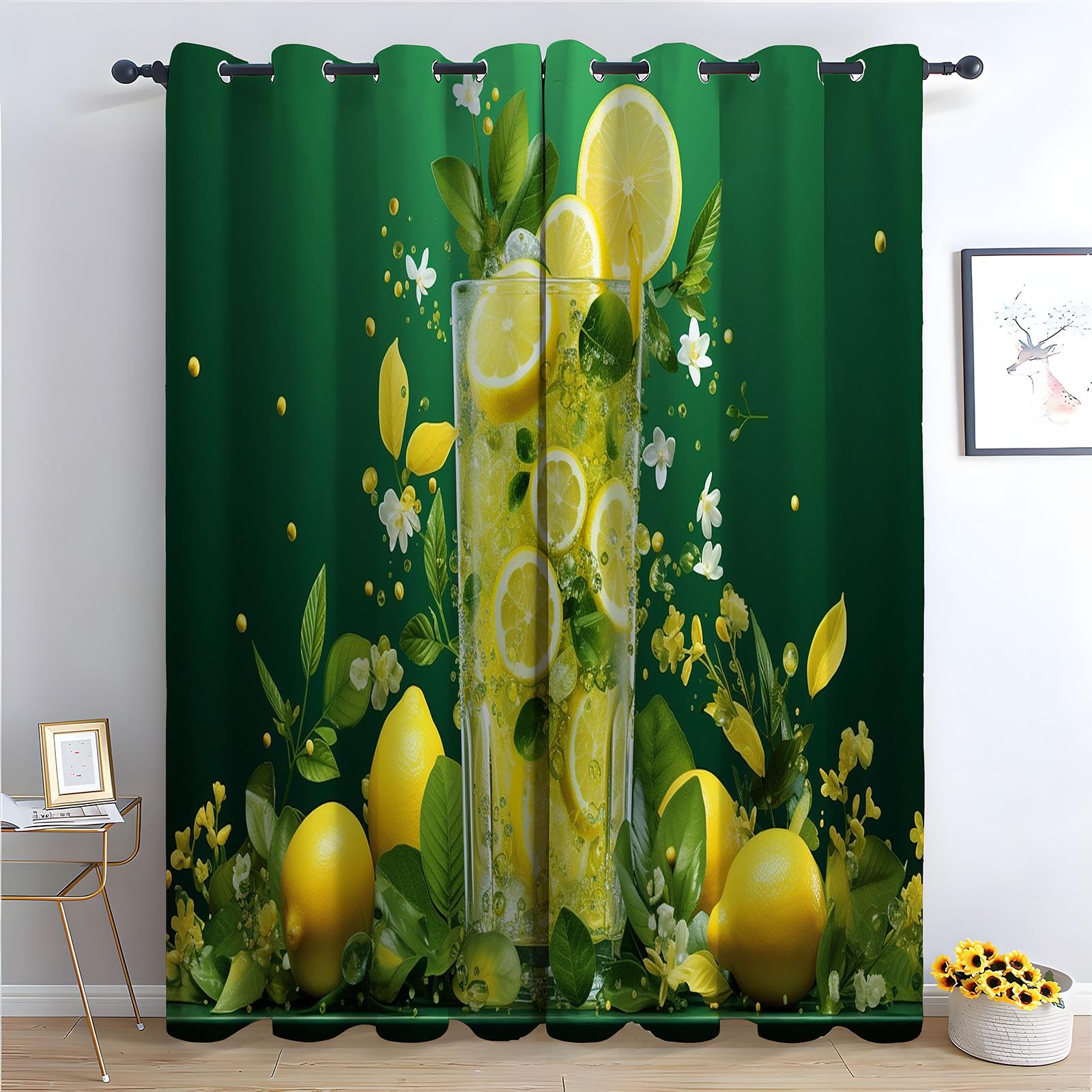 TERUEA Green Blackout Curtains for Bedroom Sparkling lemon soda glass fresh citrus blossom leaf Curtains Natural Autumn Scenery Landscape pattern-52 W x 84" L (Pack of 2)