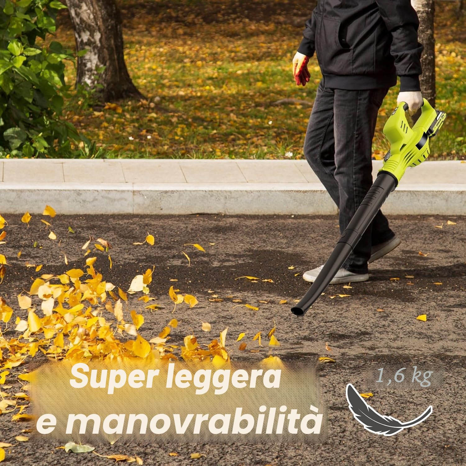 Soffiatore a foglie 21 V senza fili con batteria e caricabatterie, 2 velocità, impugnatura GripZone, soffiatore elettrico per la manutenzione del prato e scarico della neve (2 batterie)