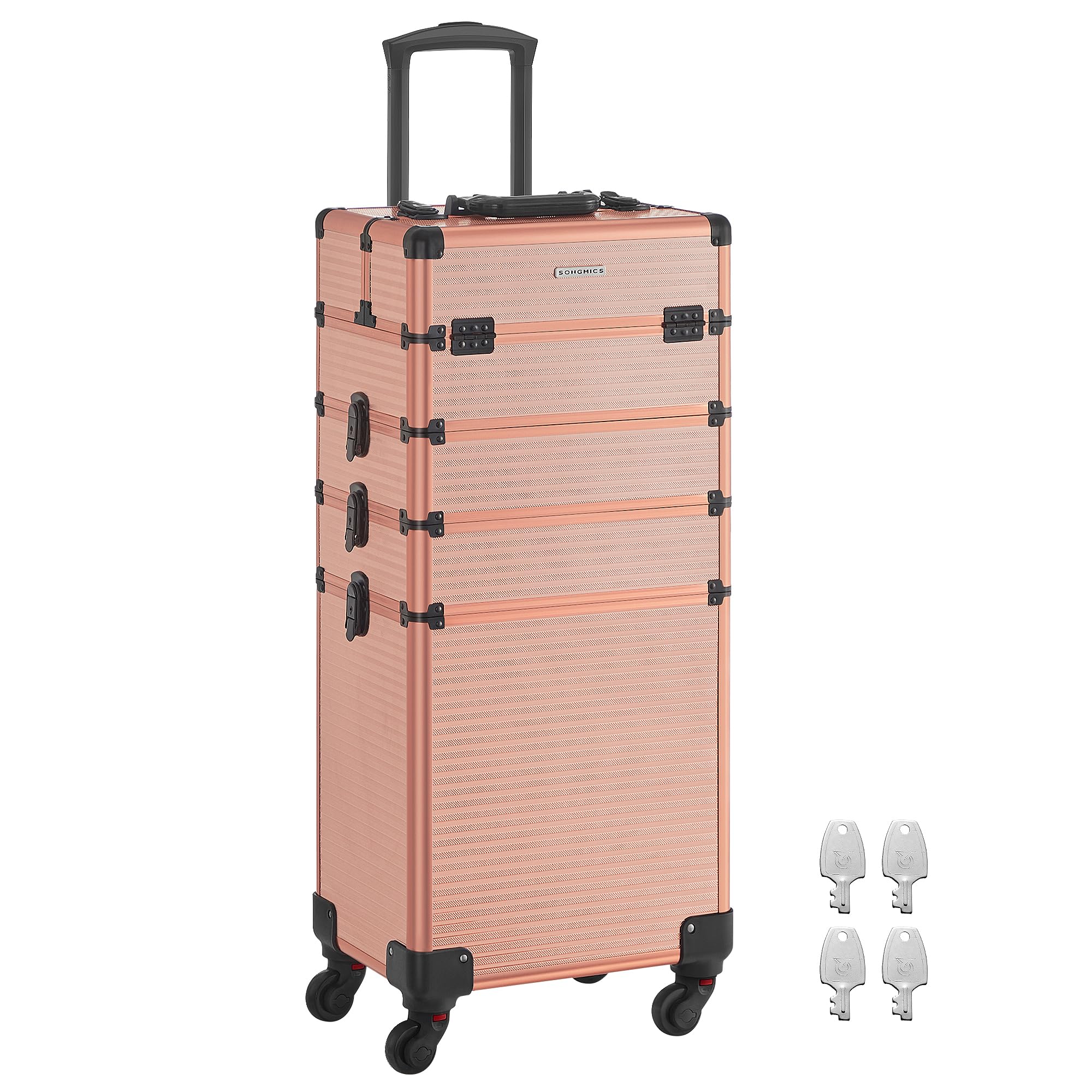 SONGMICS Valigia per il trucco professionale 3 in 1, valigetta cosmetica, bloccabile, ruote a 360°, per viaggi, manicure, truccatore, acconciatura, Oro Champagne, 4-en-1 (79,3H cm), Elegante