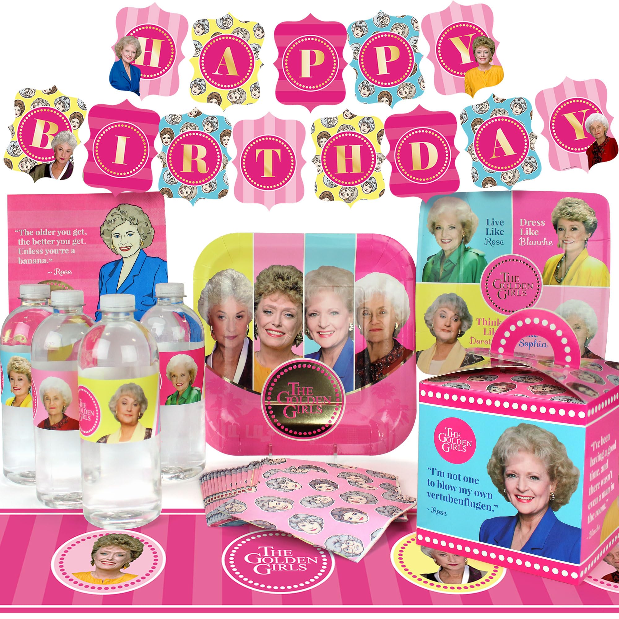 Golden Girls Birthday Party Decorations (Deluxe Pack for 8 Guests) Complete 66-Piece Set with Banner and Table Cover