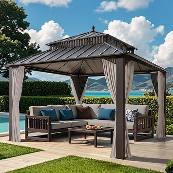 SUNJOY Kingston 12 x 12 Hardtop Gazebo with Galvanized Steel Double Roof, Curtain and Netting, Brown Aluminum Posts Permanent Pavilion Gazebo for Garden, Patio, Deck, Lawn