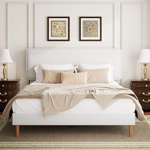 Miniatura 9 de Marco de cama tamaño Queen con plataforma tapizada, cabecero ajustable de cuero PU, no necesita somier, soporte de listones de madera, fácil