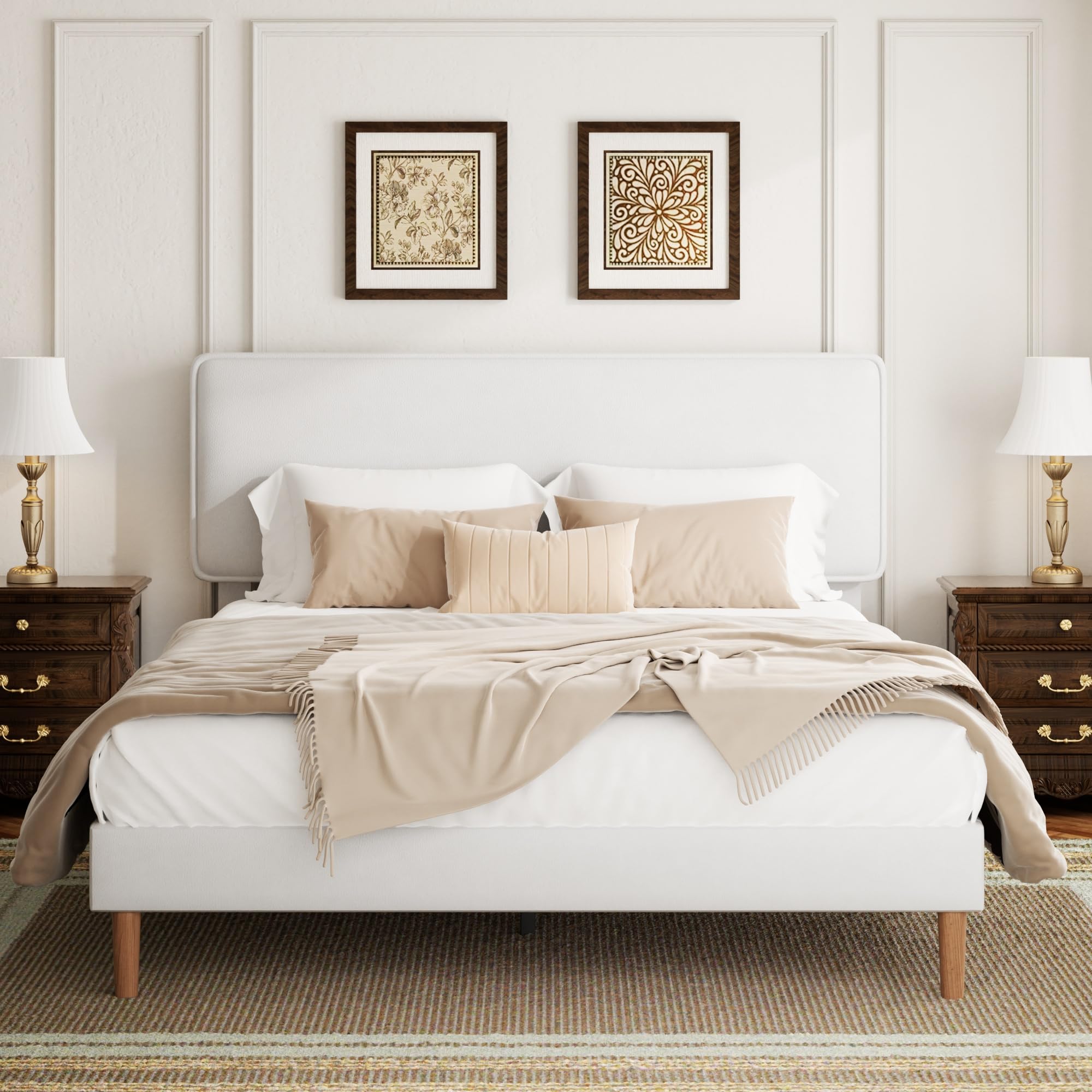 full size upholstered platform bed frame, pu leather adjustable headboard, no box spring needed, wood slats support, easy assembly, white(incomplete)