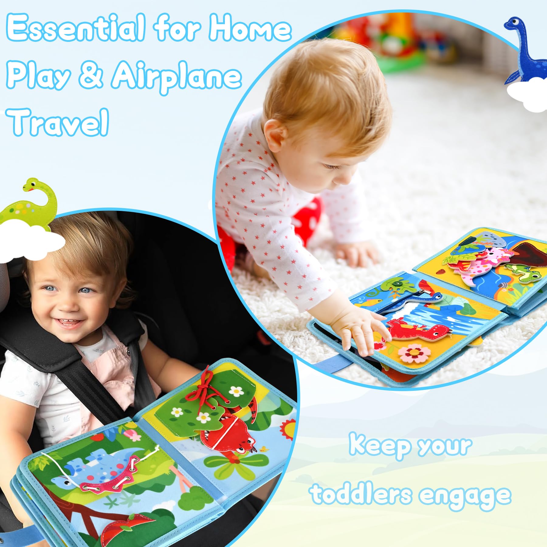 Busy Board od 1, 2, 3 lata, motyw dinozaurów, zabawka, zabawka Montessori, do podróży, samochodu, samolotu, zajęć edukacyjnych dla małych dzieci, busy Book prezent urodzinowy