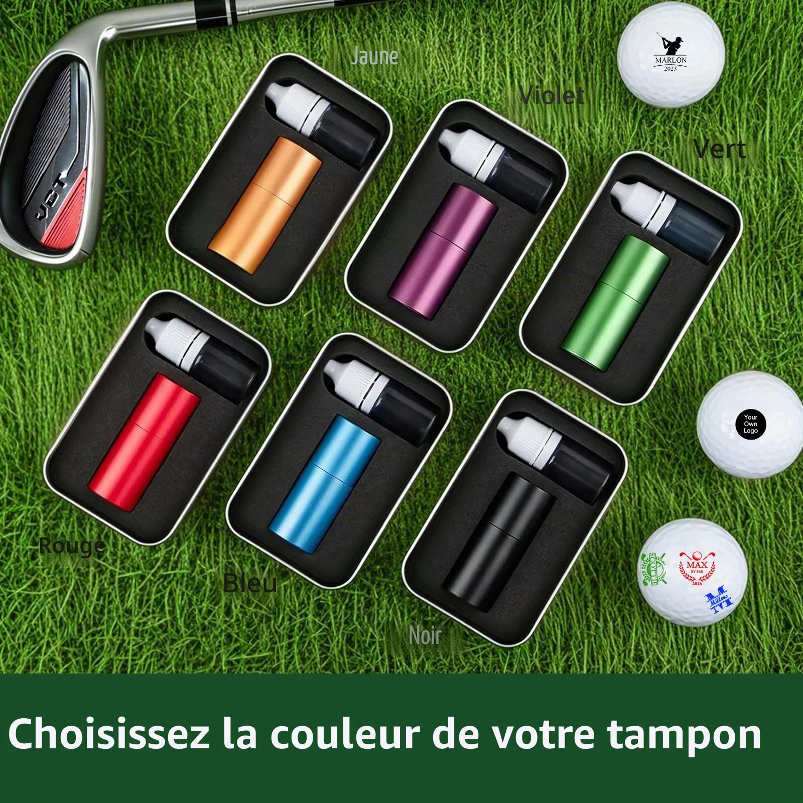 Tampon Golf Personnalisable - Étui Métal, Marque-Balles Réutilisable - Cadeau Golfeur, Père, Mari (Fête des Pères, Anniversaire, Noël)