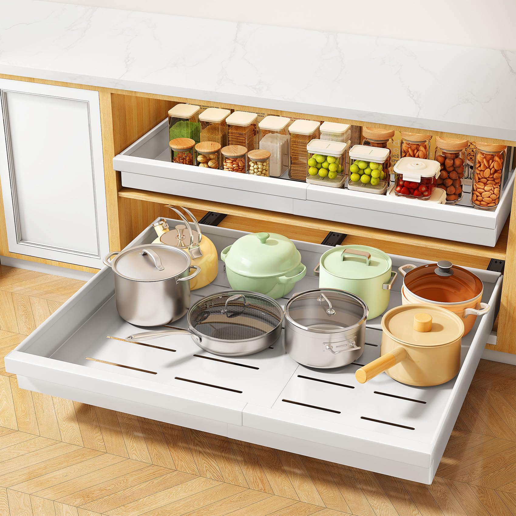 Photo 1 of Pull out Cabinet Organizer, 2-Pack Expandable(13.6"-24") Silde out Drawers with Raising Pad for Framed Cabinets, Adjustable Full-Extension Adhesive Roll out Shelves for Kitchen Pantry Home Pot and Pan