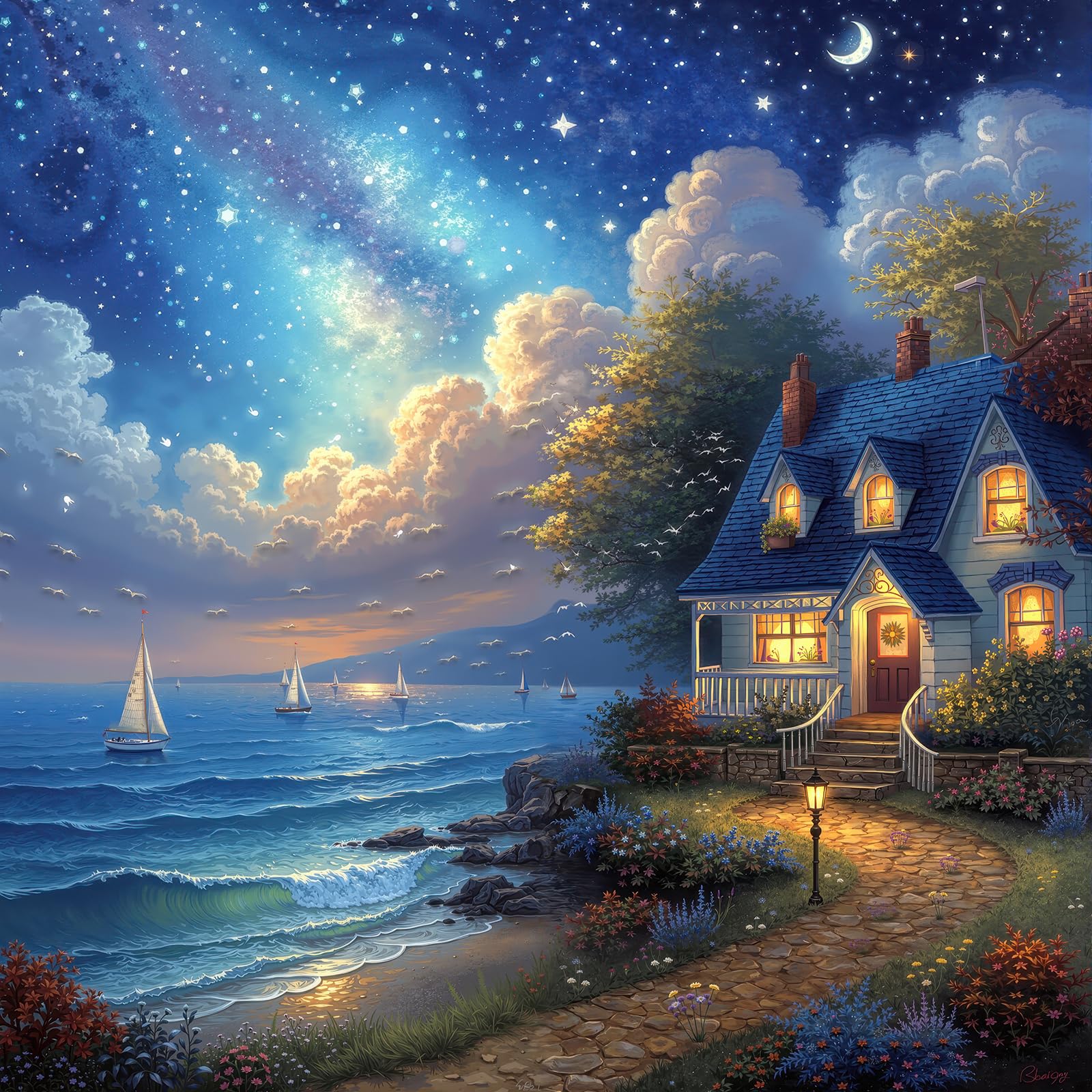 500 Piece Jigsaw Puzzle for Adults - Starry Coastal Cottage Puzzle Dreamy Night Seascape Artwork Challenging 500pcs Adult Puzzles Serene Beach House Wall Decor Gift (Bay Cabin)