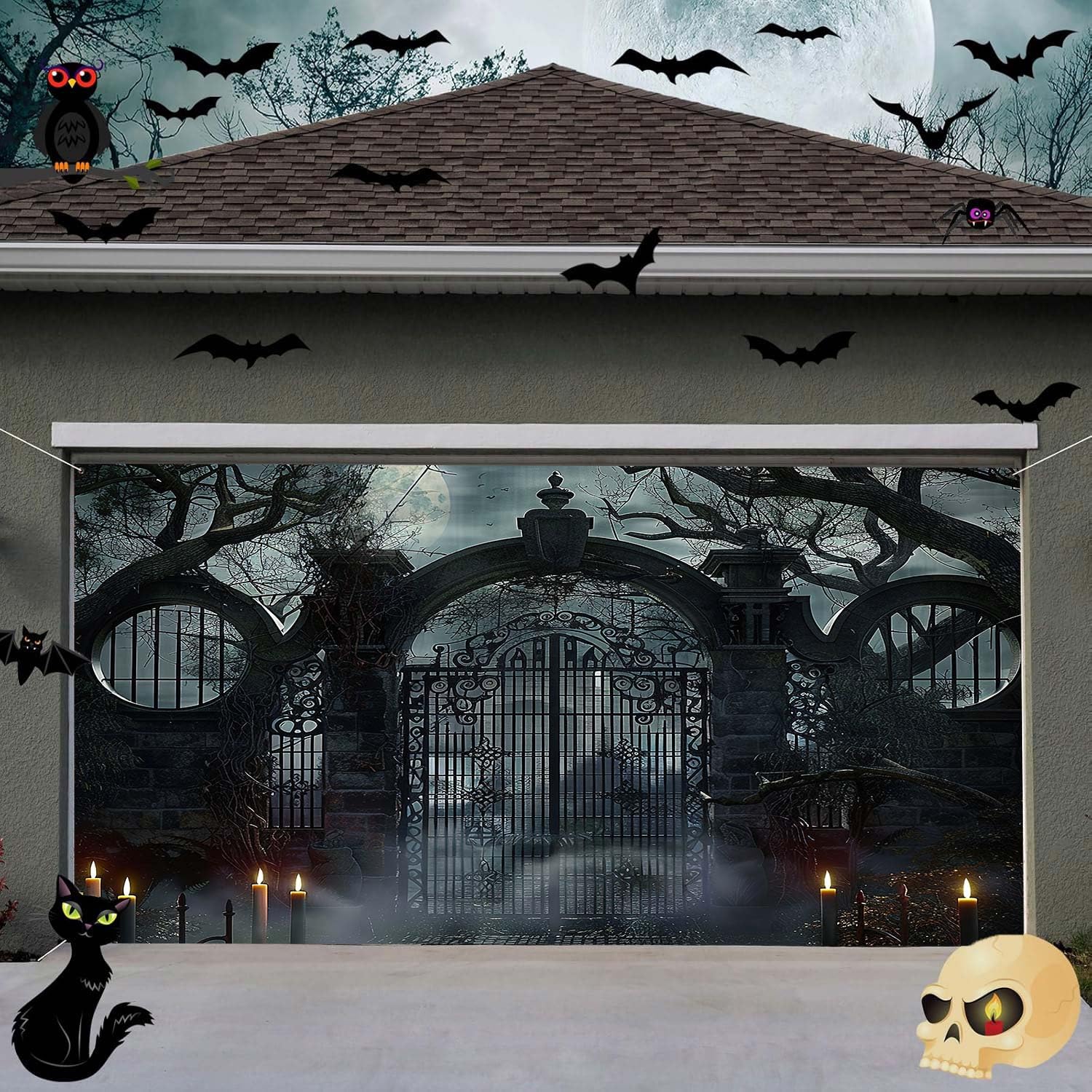Halloween Garage Door Decoration Cover, Horror Gloomy Graveyard Iron Gate Full Moon Night Scene Garage Buddy Background, Spooky Cemetery Halloween
