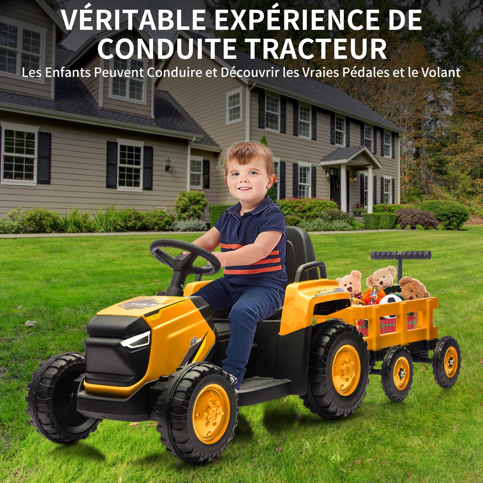 Garvee Trattore Elettrico per Bambini 12V, con Rimorchio Rimovibile, Giallo | 6 Ruote, Clacson, Musica Integrata, Radio, Connessione Wireless e Porta USB