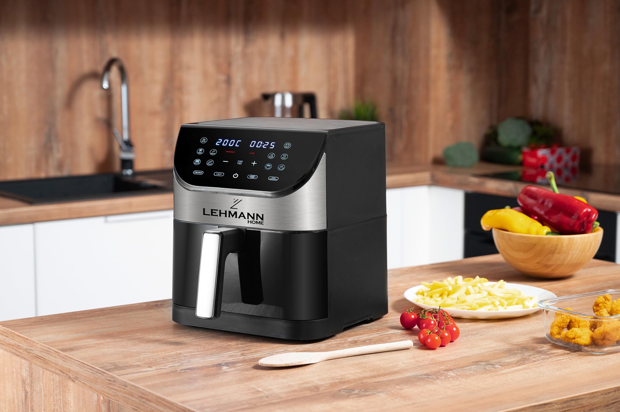 Lehmann Friteuse à air chaud 6L avec 10 programmes de cuisson, friteuse à air chaud 1500 W et contrôle de la température 76-200°C, Air Fryer avec minuterie et écran tactile LED numérique