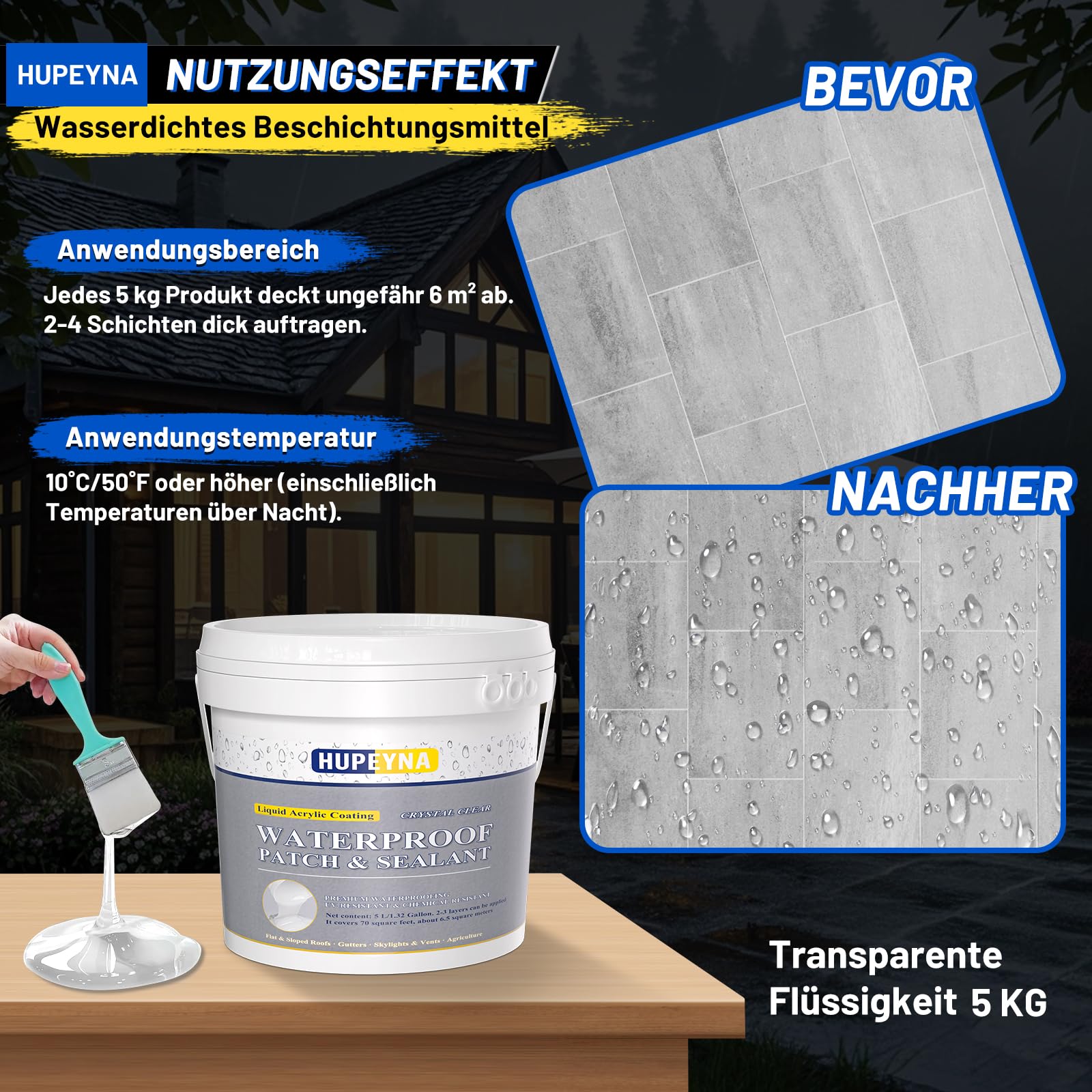 Transparenter Wasserdichter Beschichtungsmittel, Leck Wasserdichter 5 KG | Hupeyna Wasserdichtes Beschichtungsmittel, Universalabdichtung Waterproof Flüssigkunststoff für Innen und Außen Water Stop