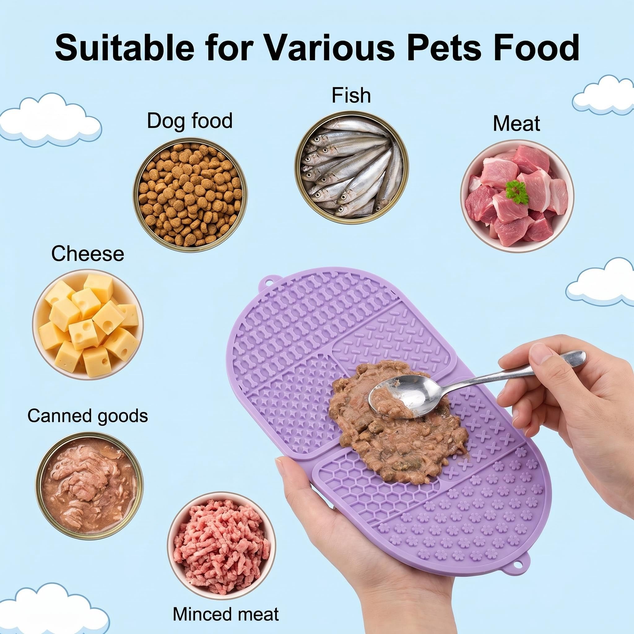 Tappetino pieghevole per leccare cani, 142 ventose in silicone, con 6 zone strutturate, tappetino per alleviare l'ansia, per la toelettatura del bagno, senza BPA, per cani e gatti (viola, 44