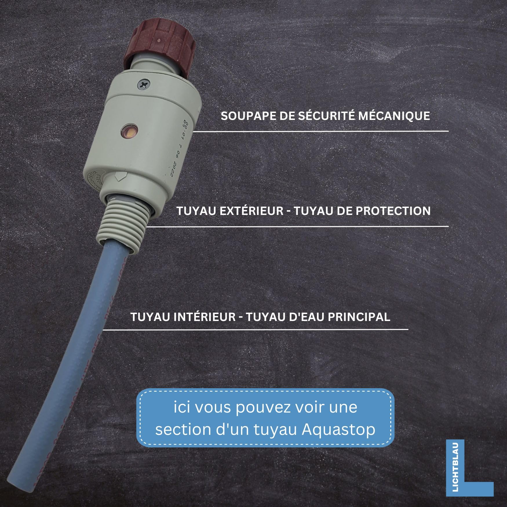 LICHTBLAU Tuyau Aquastop mécanique 4 m 3/4 pouce filetage métal tuyau alimentation sécurité lave linge lave vaisselle VDE valve sécurité non électronique