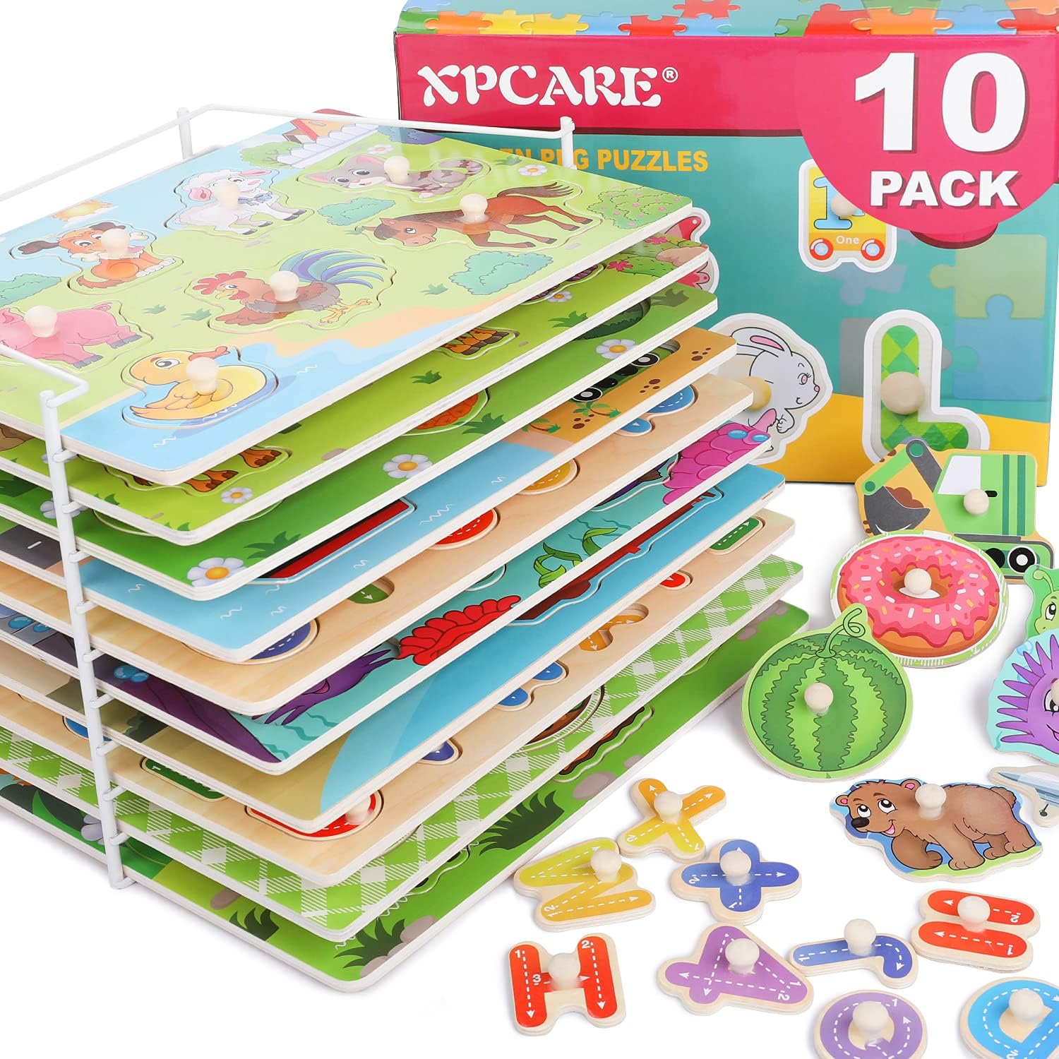 XPCARE 10 PackWooden Peg Puzzles with Storage Shelf Set Early Childhood Education WoodenPuzzle,Including Animal Vehicle Alphanumeric
