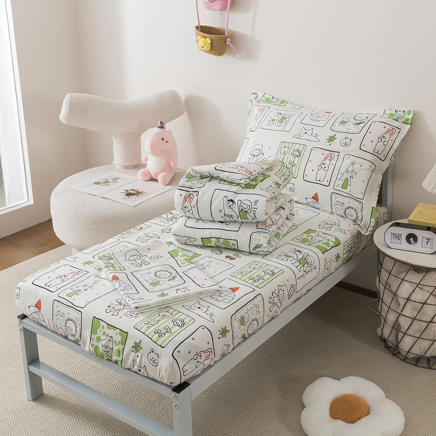 Caressma Twin Size Comforter Set 5 Pieces Bed-in-a-Bag,Soft Comforter Print Green Animals & Trees.Includes Comforter,Fitted Sheet,Flat Sheet,Pillow Case & Pillow Shame for Baby and Kids