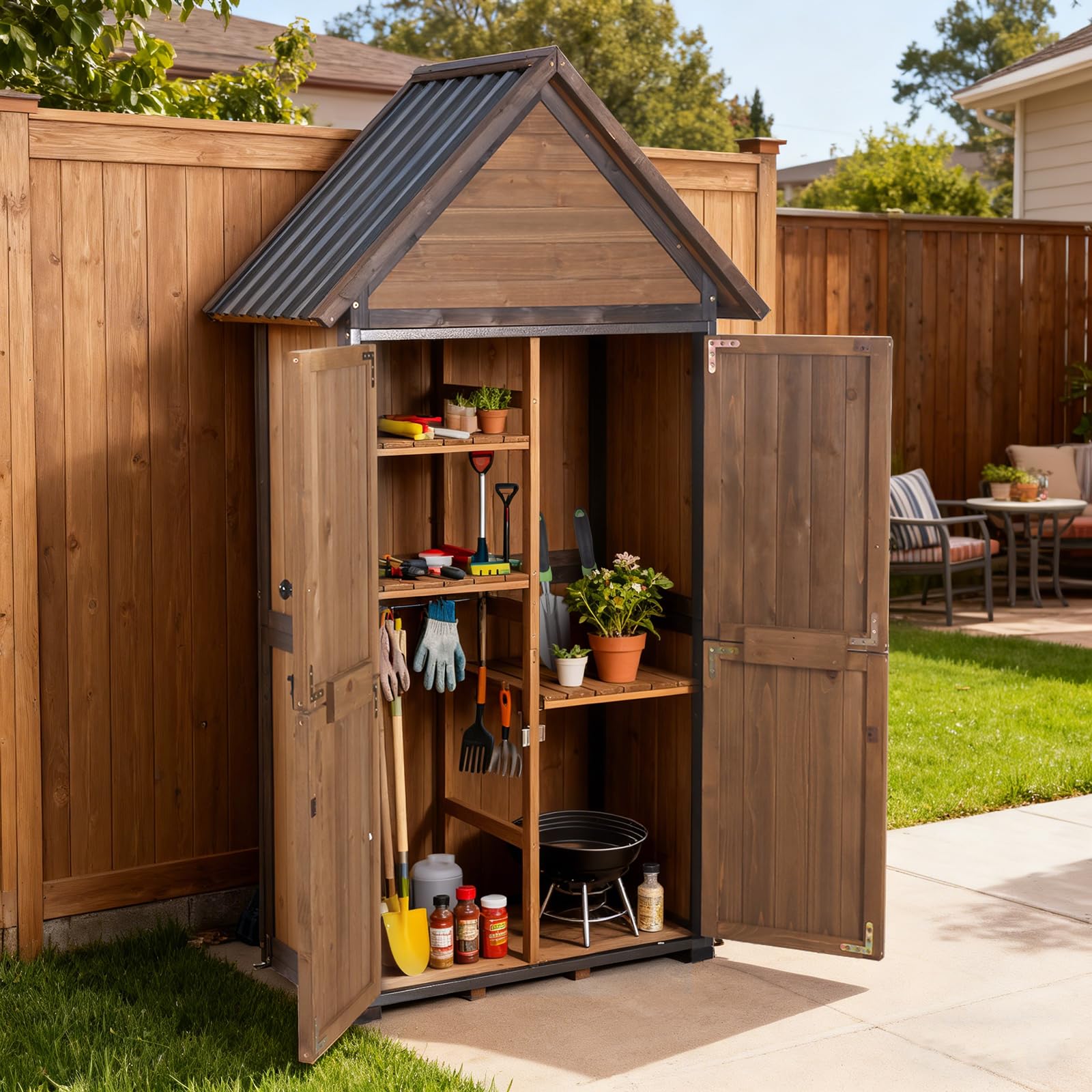 Sheds Outdoor Storage,Garden Shed with Metal Frame Structure and Adjustable Shelves,Large Capacity Storage Tool Cabinet Box for Backyard Garden Patio Lawn (Brown)