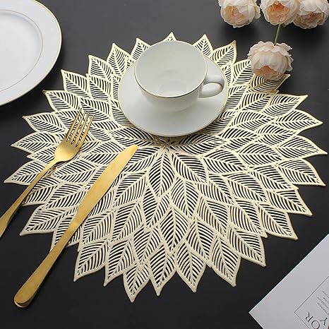 Sajani Decorative Place Mat for Dining Table // Coffee Cup PVC Table Mats // Luxurious Placemat for Table Decorating // Non-Slip Wipeable Mat (Pack of 1) (Golden Leaf Round Shape)