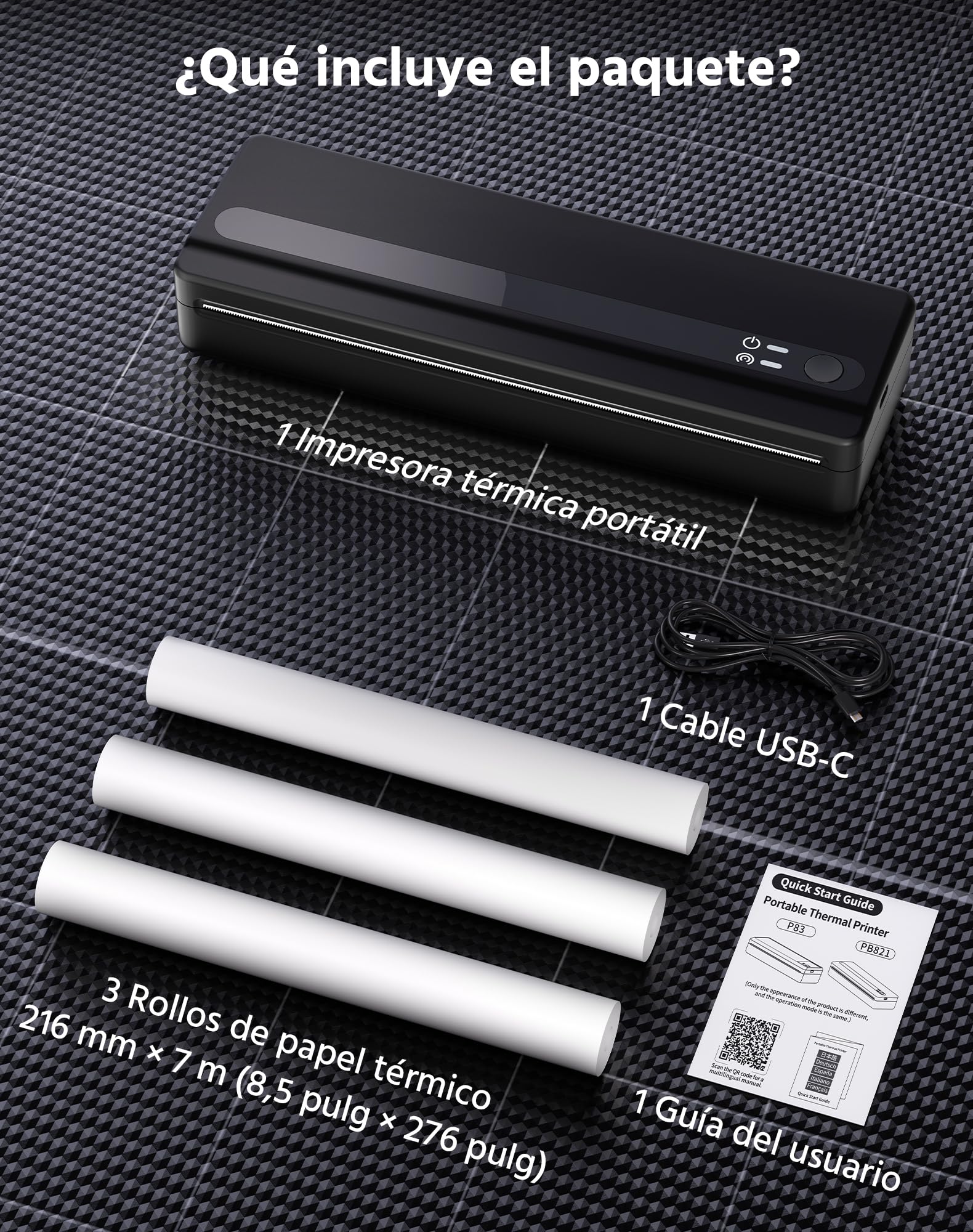 PB821 Impresora Térmica Portátil, Impresora Portátil A4 para Viajar, Oficina, Escuela, Casa, Compatible con Smartphones y Ordenadores, Impresora A4 Bluetooth con 3 Rollos de Papel
