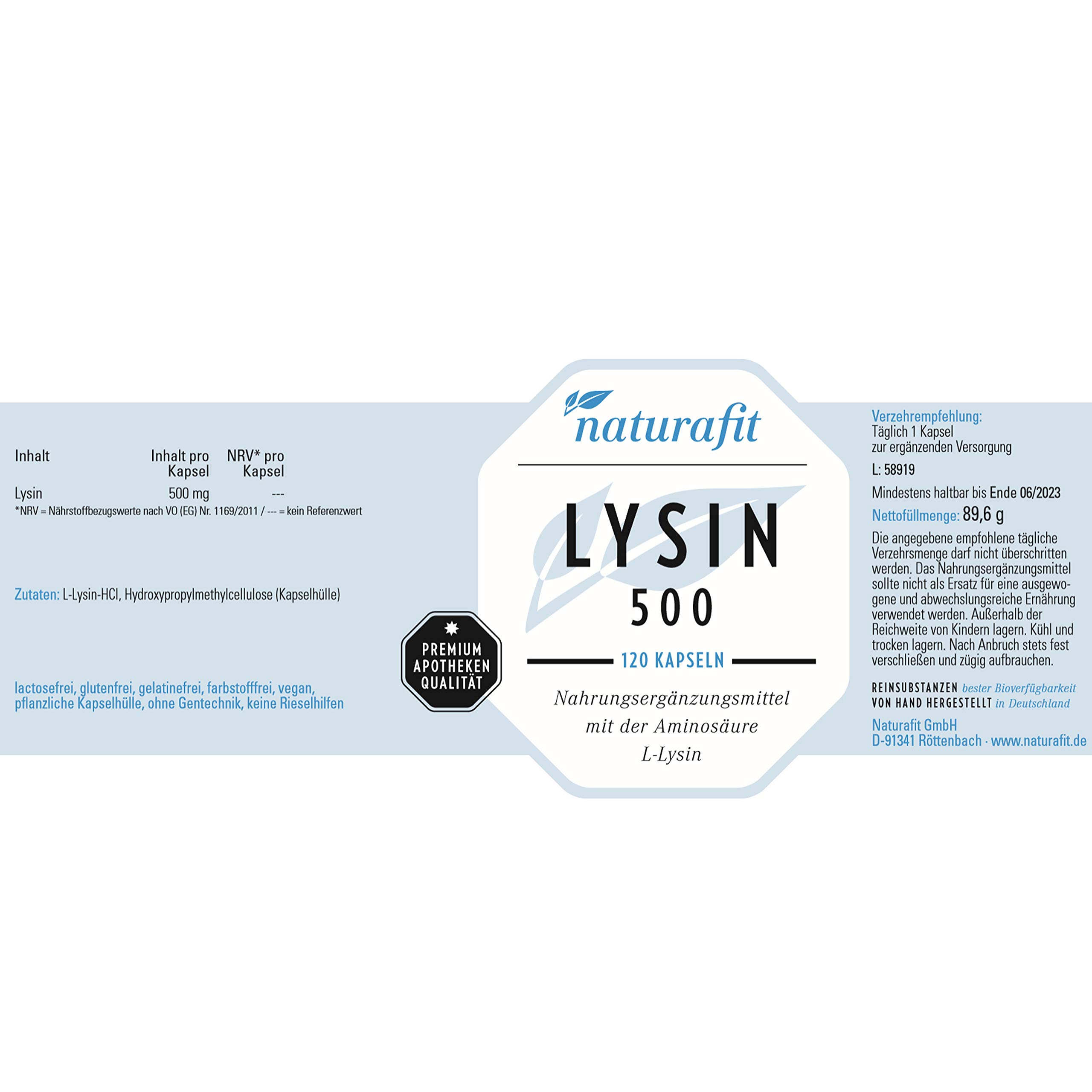 naturafit Lysin 500 Kapseln, 120 St. Kapseln