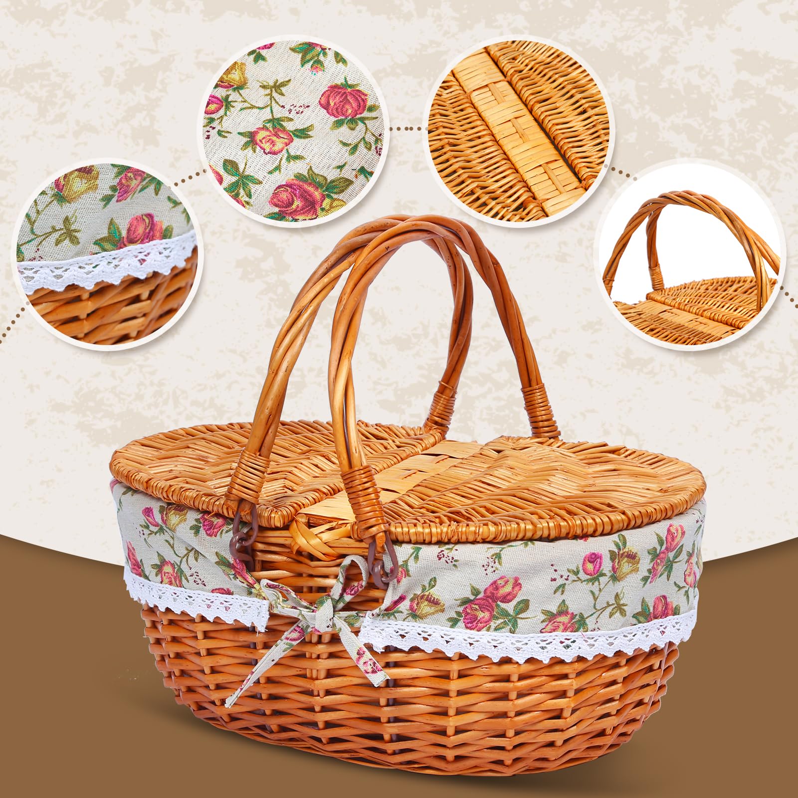 Cesto da picnic in vimini per 4 persone, con coperchio e manico, cestino da picnic con fodera lavabile e posate per esterni, campeggio, Halloween, Natale e un