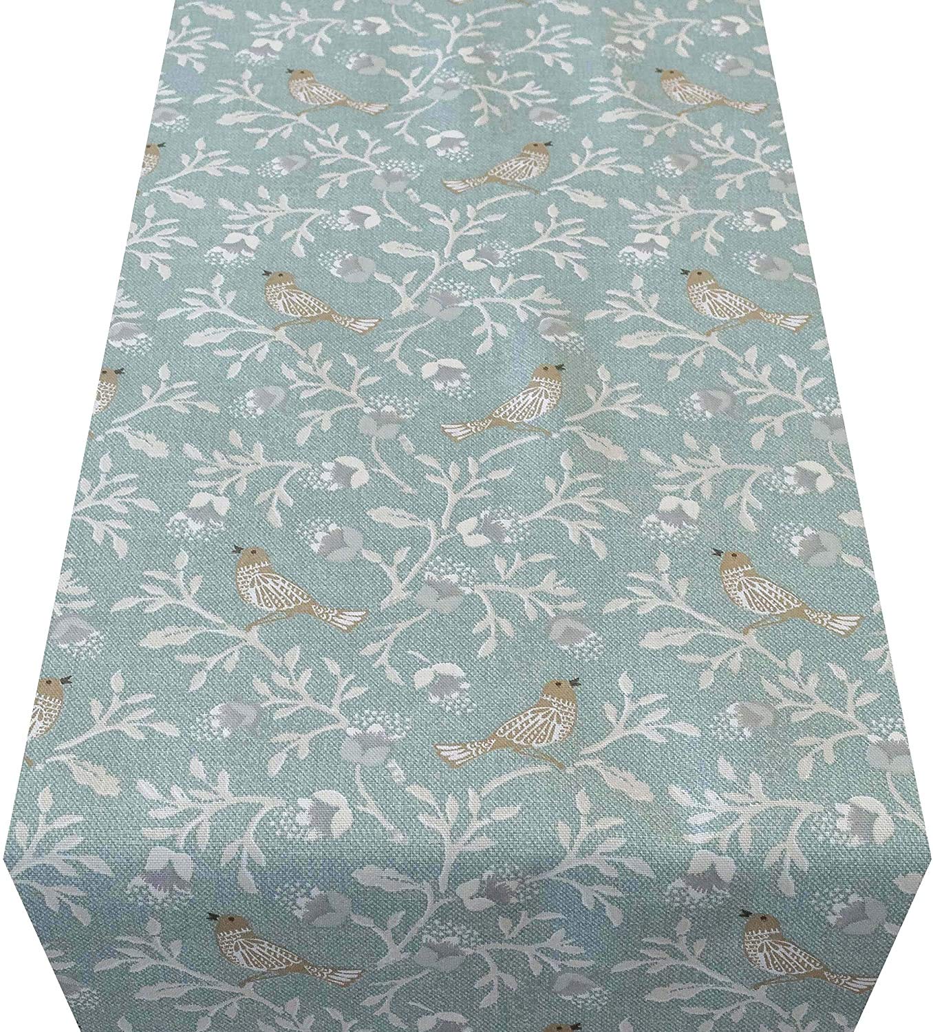 Linen Loft Dainty Songbird Table Runner. Duck Egg Blue Birds and Leaves. Two Sizes. (30cm x 230cm)