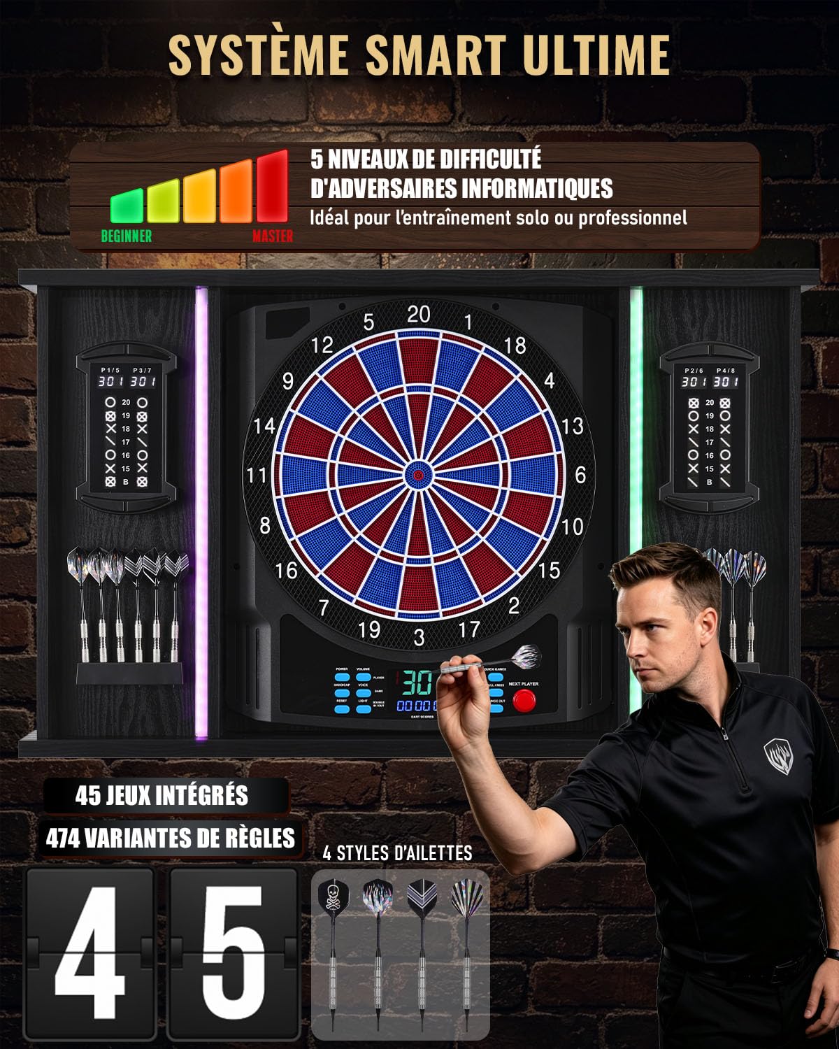 Jeu de Fléchettes Électronique, LED Coffret pour Cible Flechette | [12 Fléchettes] Indicateur LED 8 Joueurs, Jeux de Flechettes Adulte Électronique pour Salle de Jeu, Bar Privé