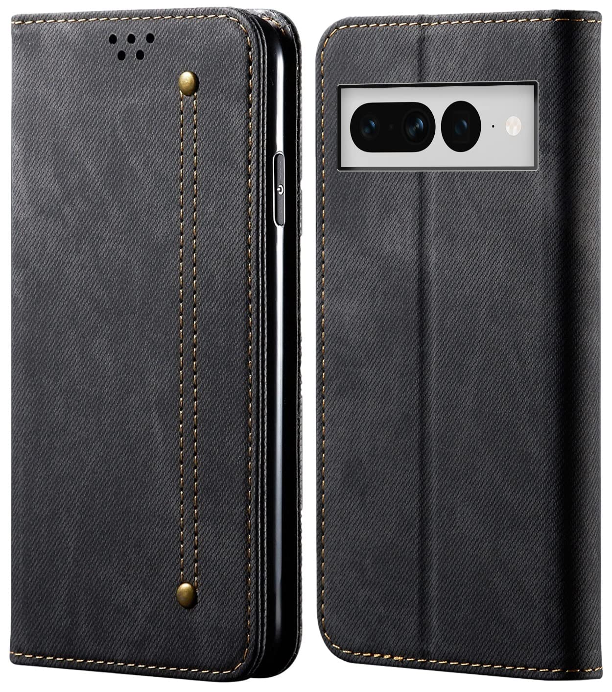 Cubix® Denim Flip Cover for Google Pixel 7 Pro Case Luxury Slim Wallet Folio Case Magnetic Closure Cover (Black)