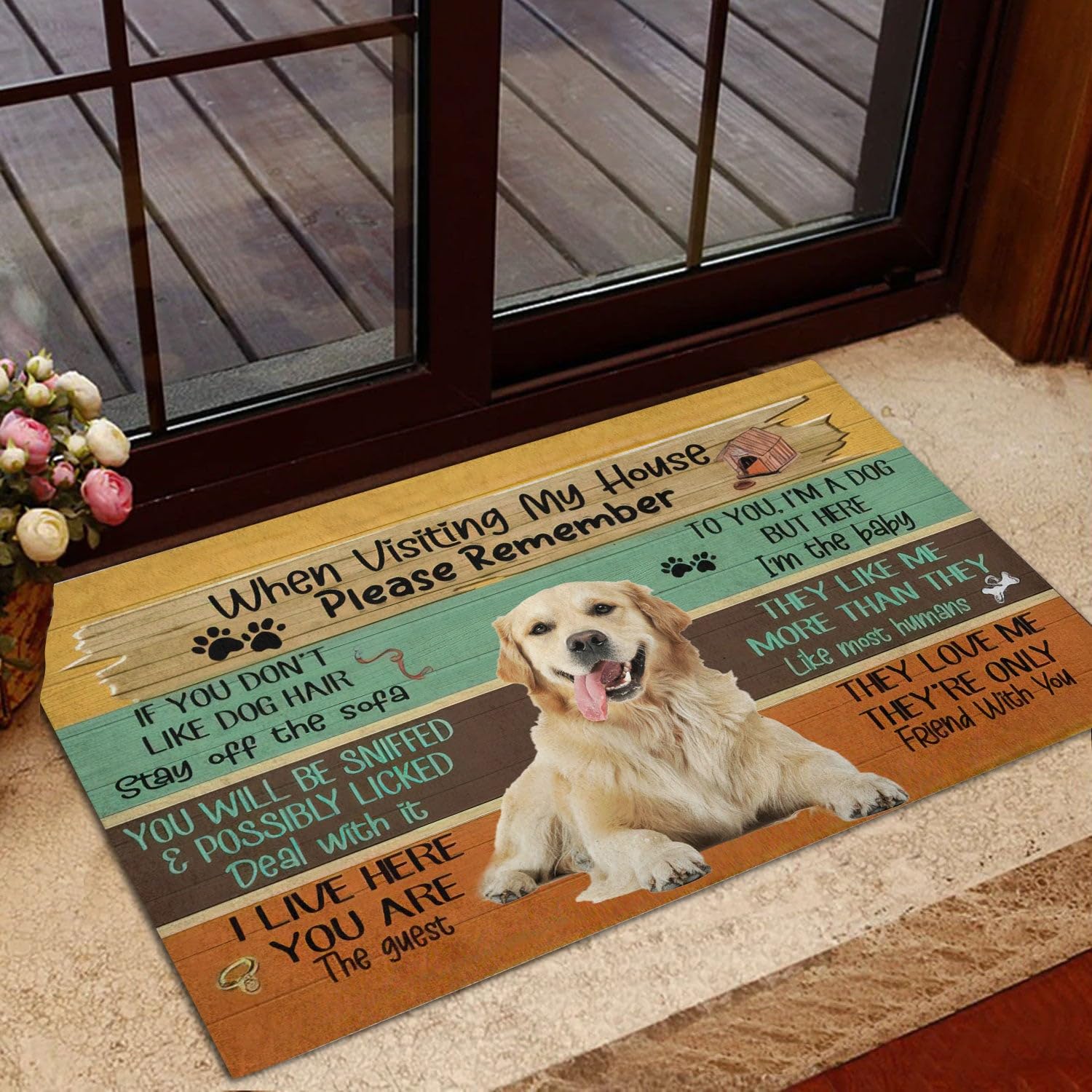 Funny Door Mats Indoor Visiting My House Please Remember Golden Retriever Dog's Rules Welcome Doormats Entrance Rug Bath Rug Decorative Home Kitchen