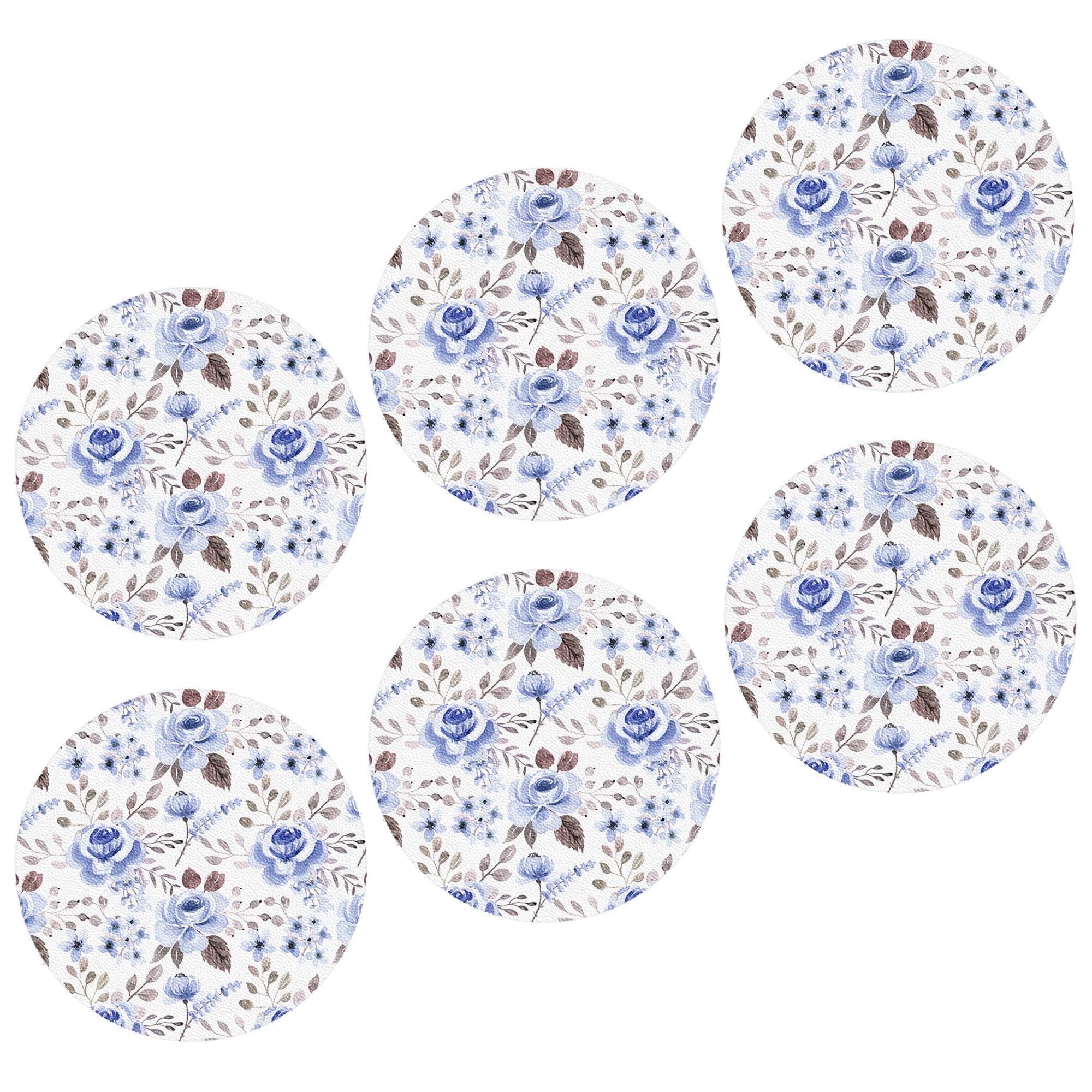 Blue Floral Coasters Set of 6 Watercolor Rose Flower Leaves Botanical Artistic Aesthetic Blue Brown Leather Water Absorbent Home Decorative Hotel Dorm Outdoor Desk Coffee Table Water Proof 4x4 Inch