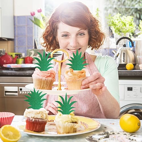 Miniatura 3 de 36 piezas de adornos para cupcakes de piña, dona con purpurina verde, hojas de piña, selecciones hawaianas para tartas Luau hawaianas, decoraciones