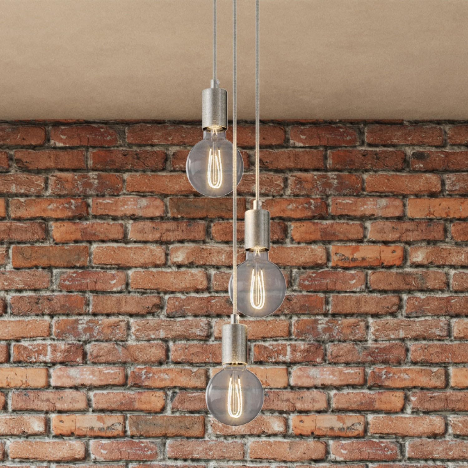 creative cables - Lampada a Sospensione Multipla a 3 Cadute Completa di Cavo Tessile e Finiture in Metallo - Montato, Senza Lampadina, Titanio Satinato