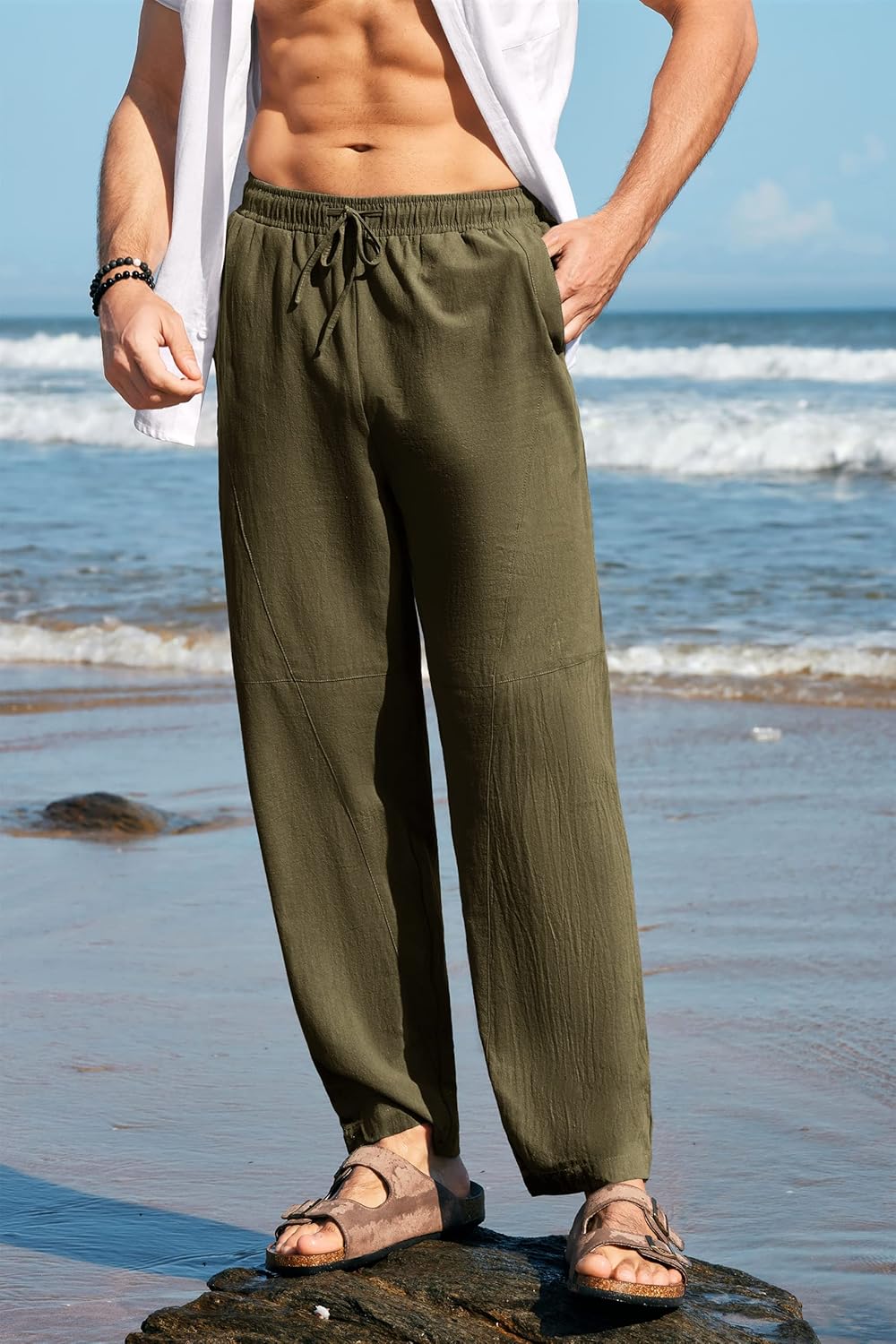 Gafeng Mens Linen Harem Pants Casual Loose Fit Beach Drawstring Elastic Waist Yoga Trousers with Pockets - Image 3