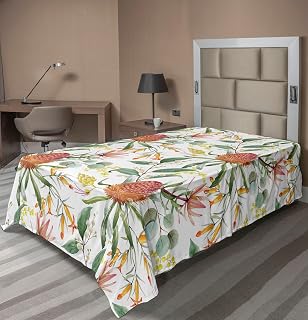 Ambesonne Floral Flat Sheet, Australian Banksia and Botanical Ornaments Watercolor Nature Branches, Soft Comfortable Top Sheet Decorative Bedding 1 Piece, TwinXL Size, Laurel Green Multicolor