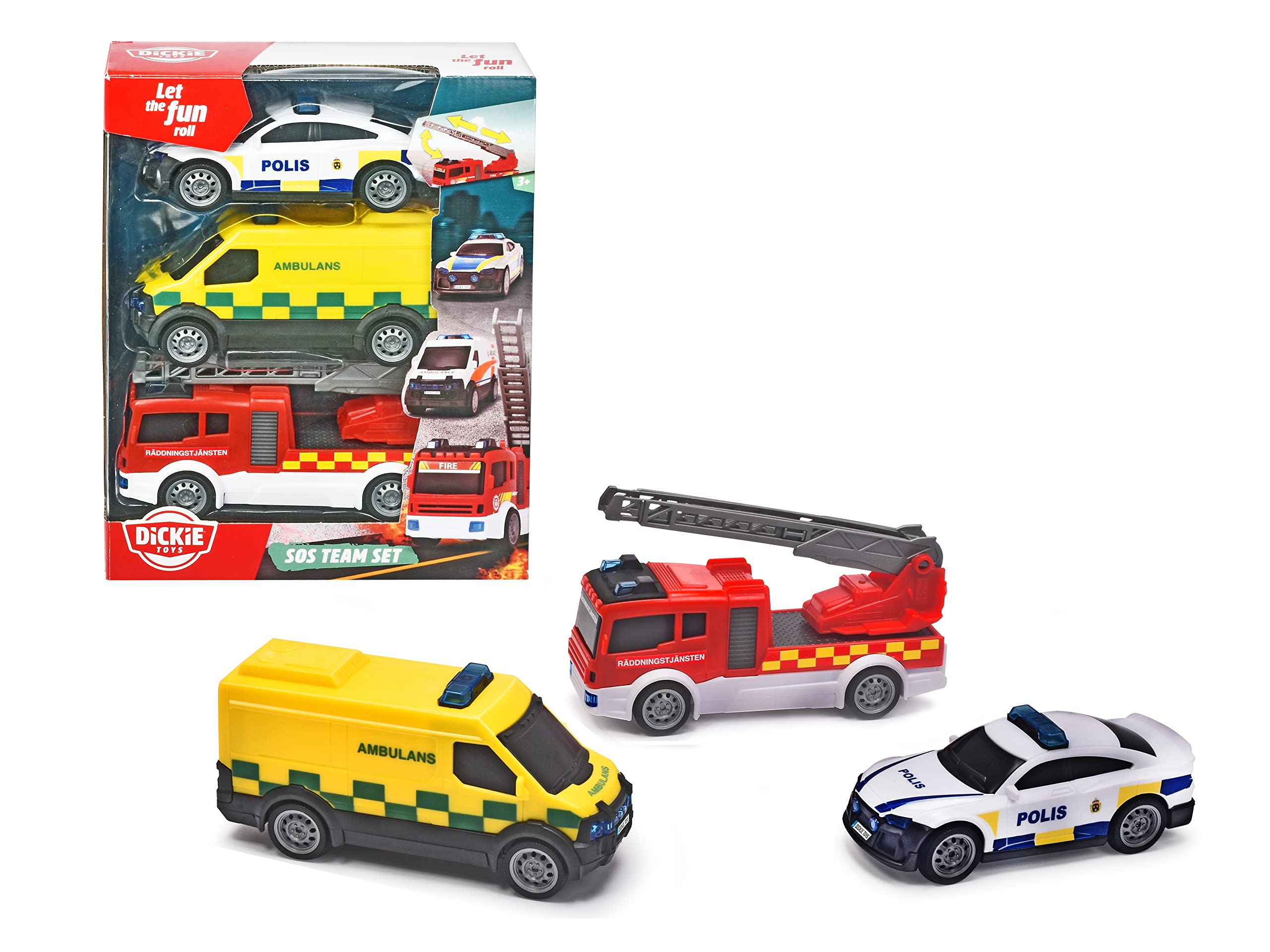 Dickie Toys 203712015DNS - 3 Pack Swedish Rescue Vehicles - SOS Team with Swedish Rescue Service's Ambulance, Fire Truck and Police Car with Freewheel, From 3 Years
