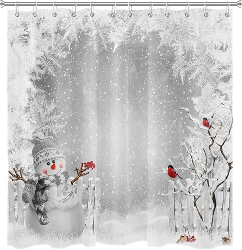 Miniatura 4 de Cortina de ducha de Navidad de invierno, lindo muñeco de nieve y cardenales en campo de nieve, cortina de ducha gris con escena de nieve para baño,