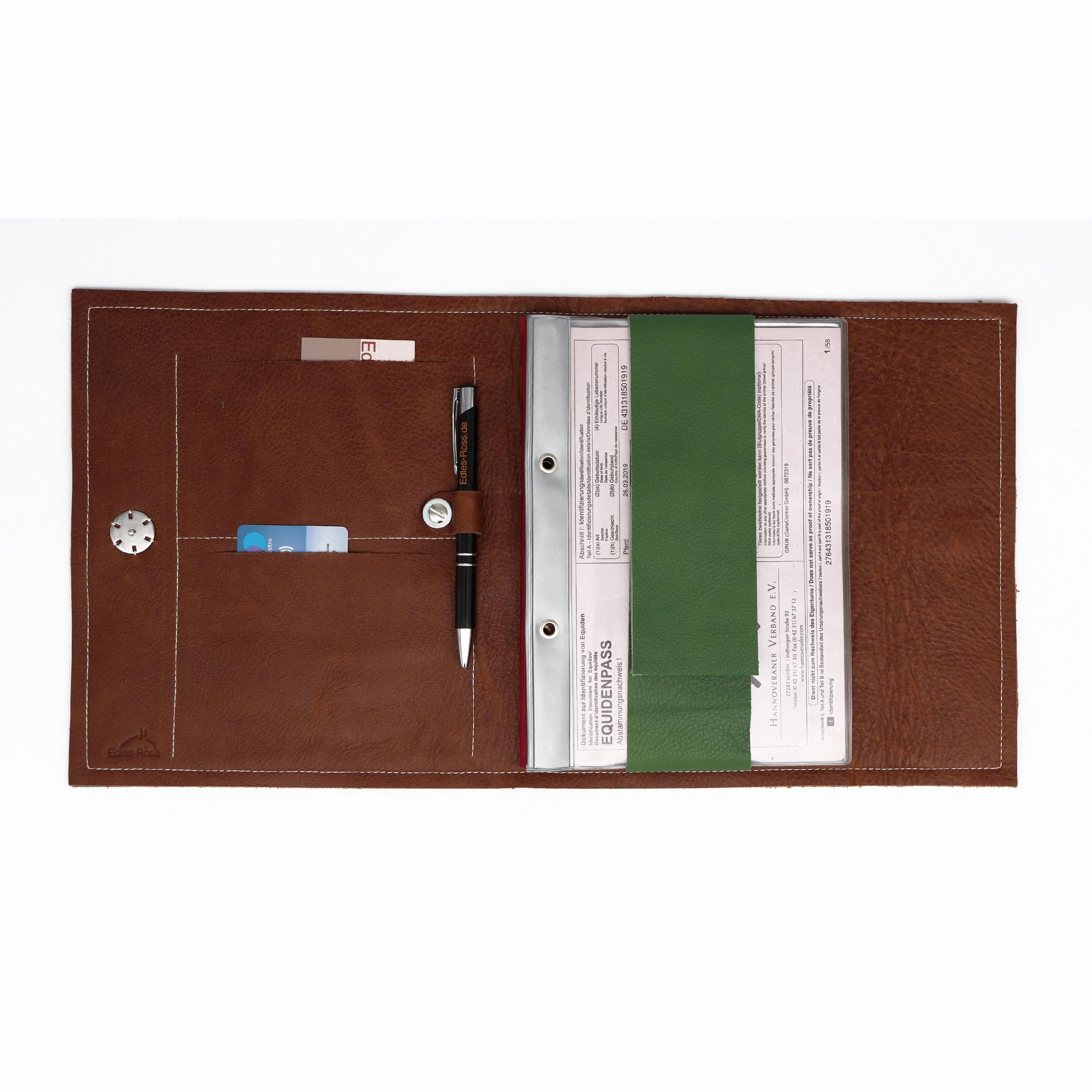 Pferdepass-Mappe für bis zu 7 Equidenpässe, aus grünem Leder mit Pferdemotiv, personalisierbar