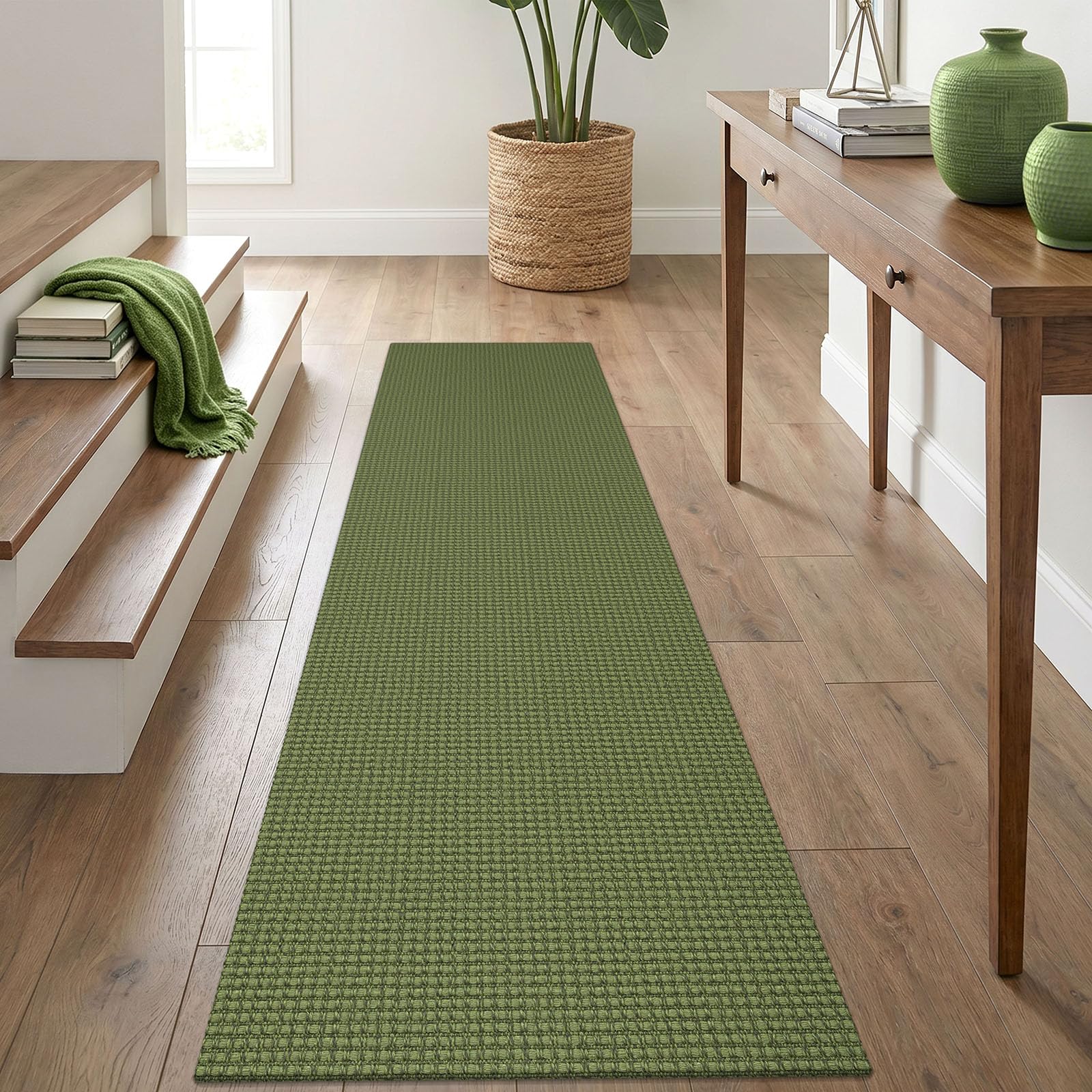 IOHOUZE Washable Runner Rug 2x8 Non Slip Rubber Backed Hallway Runner Entryway Runner Indoor, Kitchen Rugs Woven Cotton Floor Carpet for Kitchen Hall Entrance Bedroom, Olive Green/Earthy Green