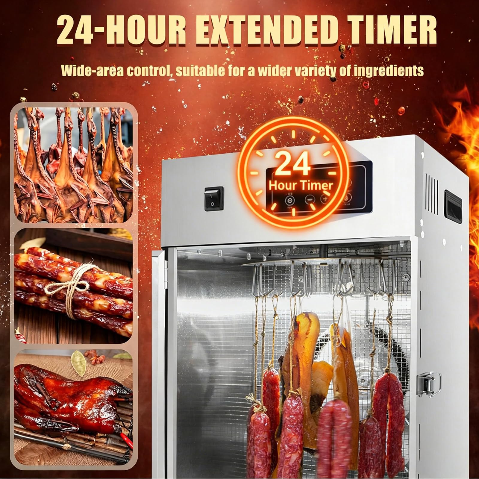 Fleischreifeschrank, Reifeschrank Für Fleisch, 360°-Drehung,Dry Aged Reifeschrank Mit 14 Haken, Temperaturregelung 30-90℃ Und 24-Stunden-Timer Für Trockenfleisch, Wurst