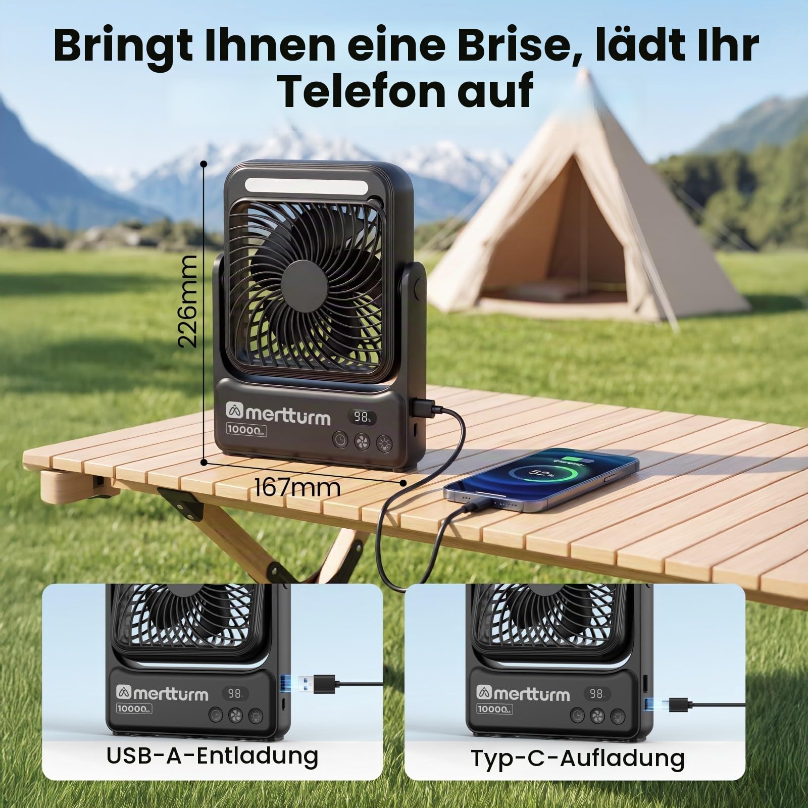 MERTTURM Magnetischer Camping Ventilator mit Lampe, 10000mAh Ultradünner Tragbarer Tischventilator, 4 Geschwindigkeitsstufen, Fernbedienung für Kreuzfahrtschiff, Schlafzimmer, Camping, Reise, Büro