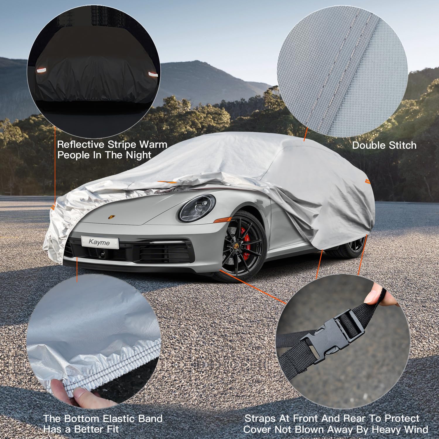 Kayme Bâche Voiture Étanche Respirante, 6 Couches Housse de Protection Coupé Extérieur Contre Pluie Soleil Poussière, Compatible avec Audi TT, SLK, MX-5, 207CC, BMW Z3, Tigra etc. Jusqu'à 420 cm.