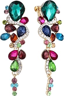 Clearine Bohemian Teardrop Cluster Crystal Diamante Clip-On Long Drop Dangle Chandelier Earrings, Statement Earrings for Costume, Wedding Bridal Jewellery for Brides