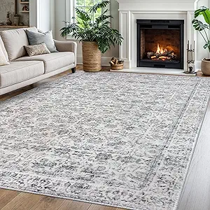 Grey Blue White 6x9 Area Rug for Bedroom, Large Washable Area Rug for Living Room, Soft Vintage Rugs with Non-Slip, Non-Shedding Tribal Carpet for Farmhouse, Dining Room, Office Home Décor