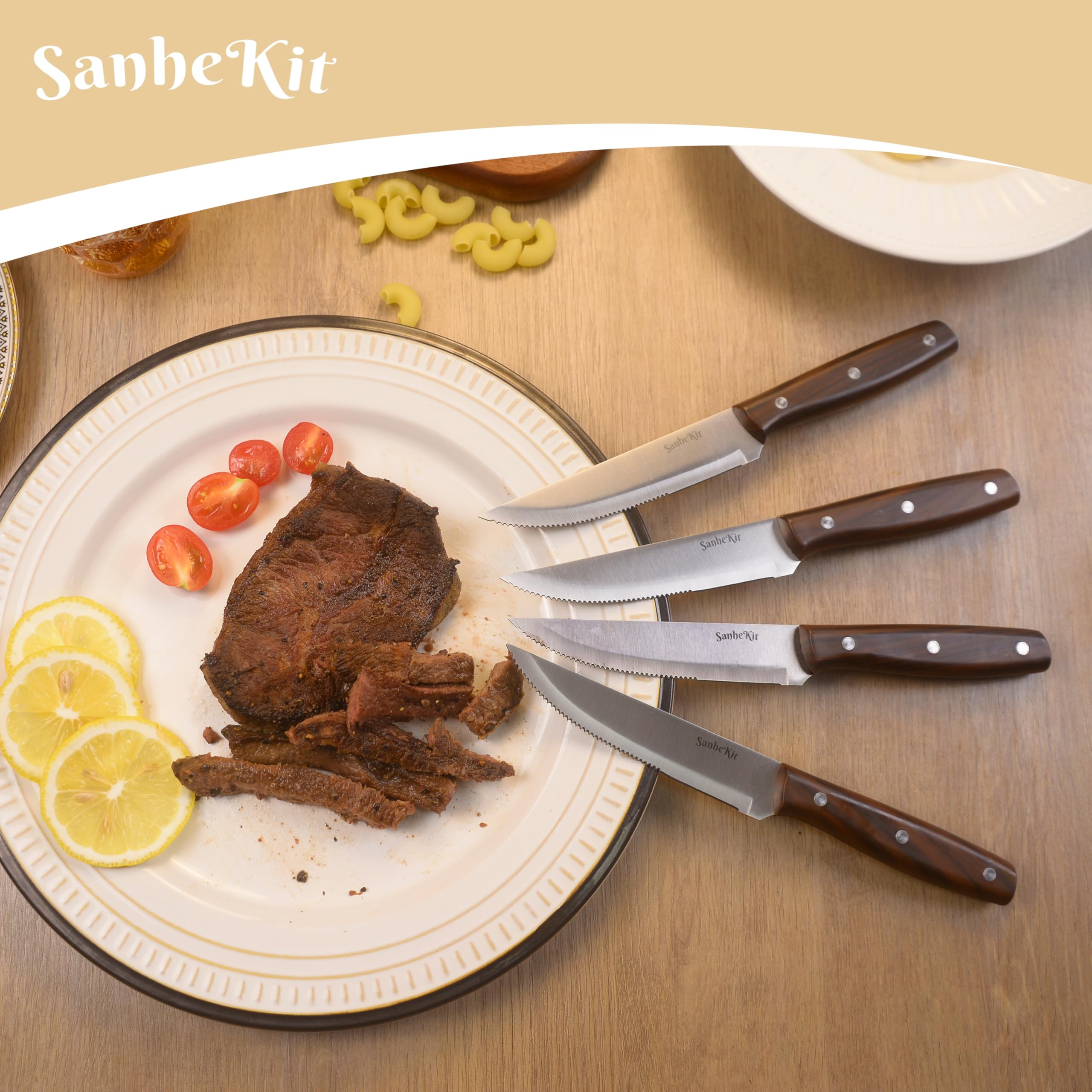 Lot de 12 couteaux à steak en acier inoxydable à haute teneur en carbone, design Full-Tang, manche en plastique avec grain de bois, couteau à viande dentelé, couteaux de table tranchants