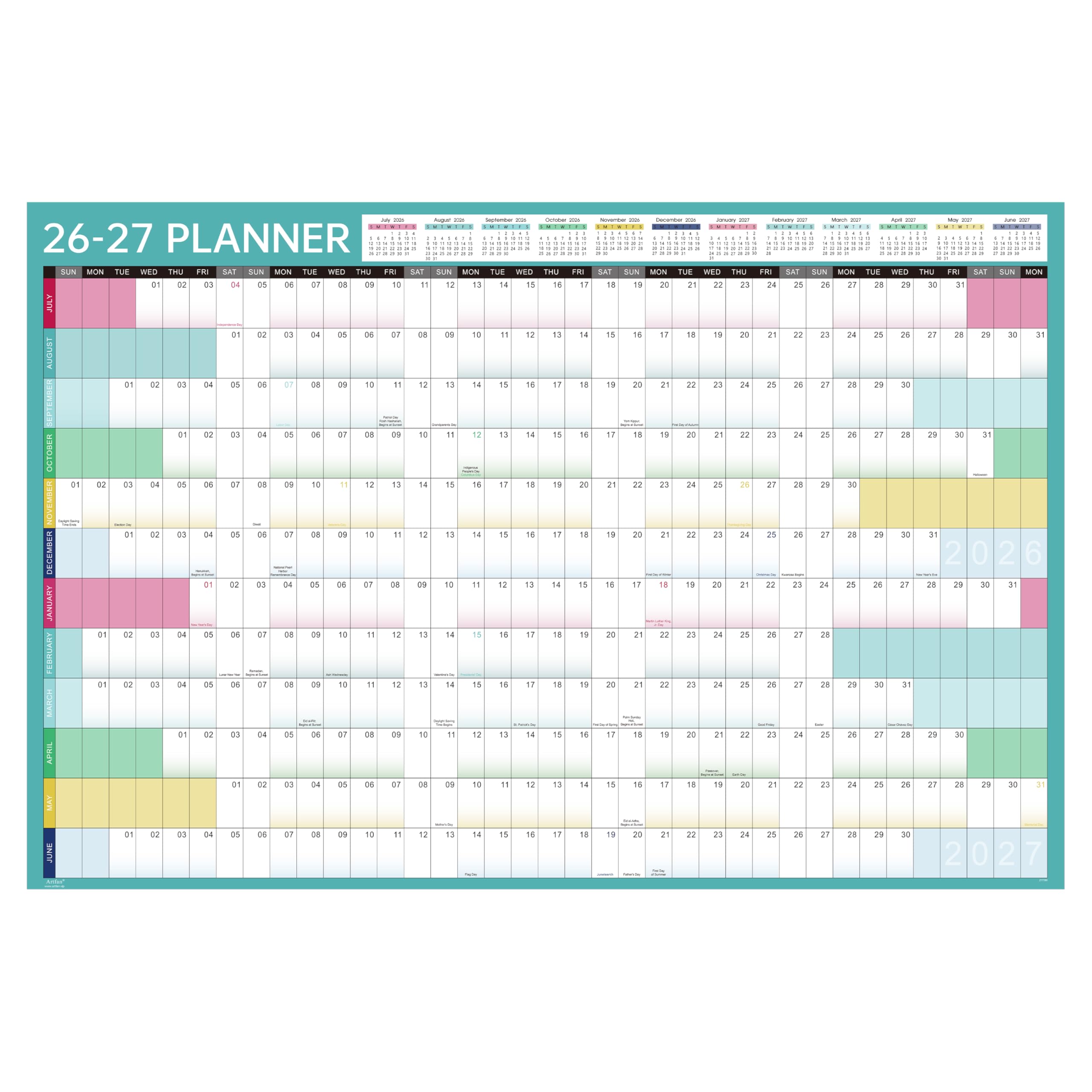 Yearly Wall Calendar 2026-2027 - Wall Calendar 2026-2027, Jul. 2026 - Jun. 2027, 26-27 Yearly Calendar with Julian Dates, Thick Paper, Round Sticks, 34.9" x 23.1"(Open) - Colorful