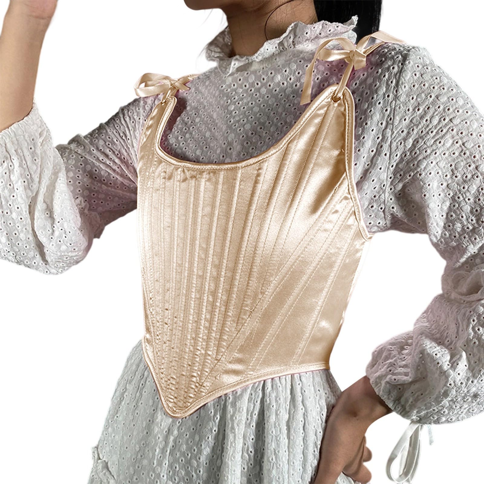 Zanisouta Women's Renaissance Satin Body Shaper with Vertical Line Bustier Lacing Overbust Vintage Costume Medieval Clubwear Underwear Corset Top Retro Corset Corset, O Beige, XL