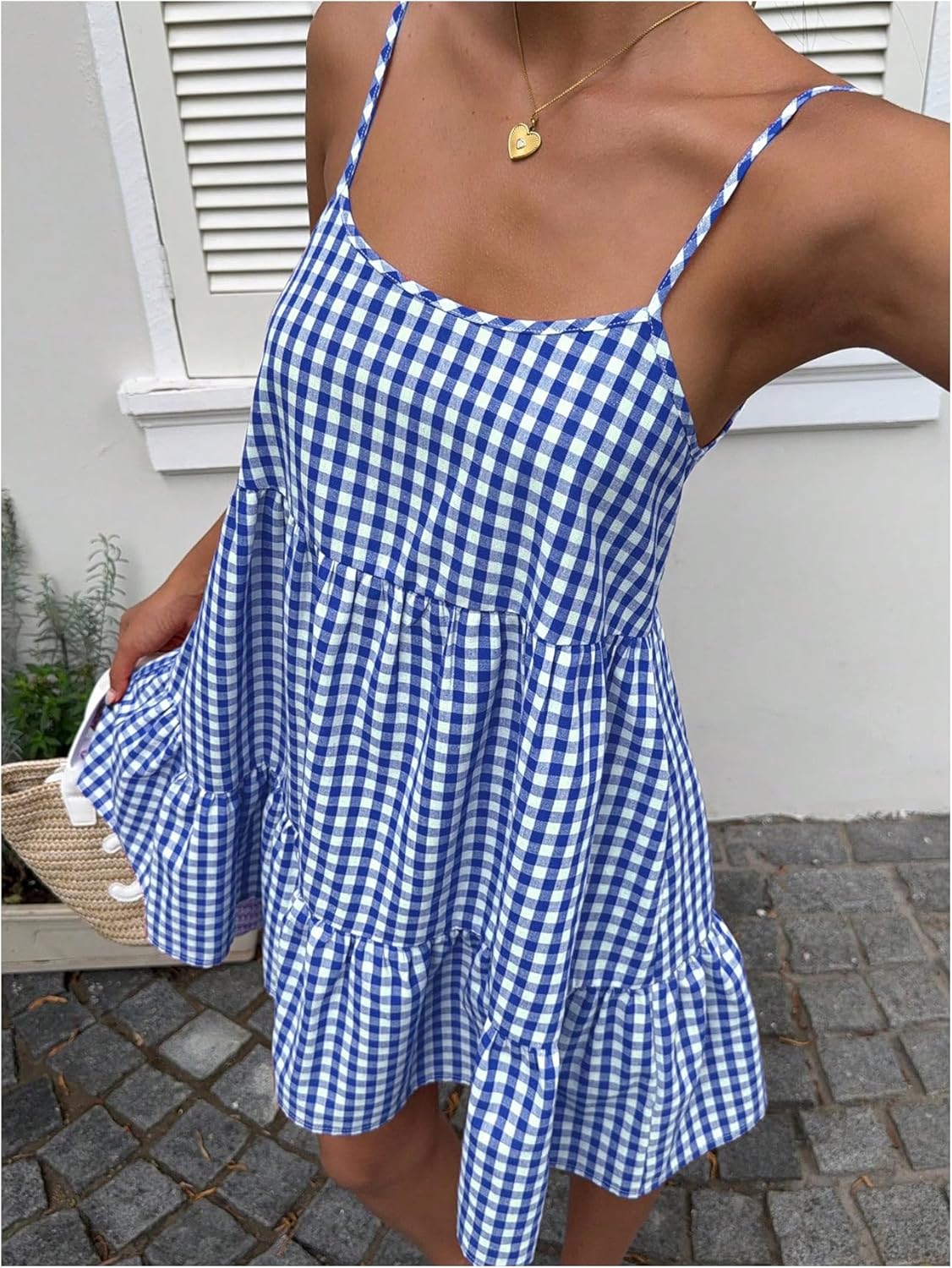 SweatyRocks Women's Summer Gingham Dresses Backless Spaghetti Strap Loose Ruffle Mini Vacation Dress - Image 2