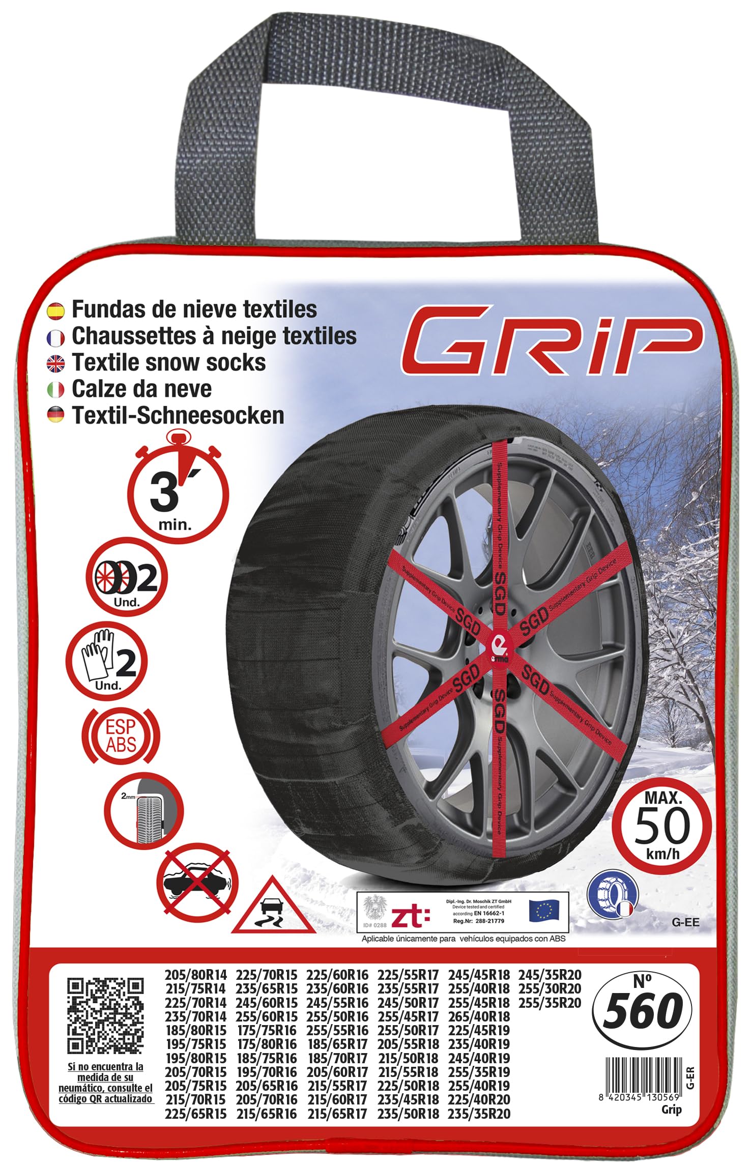 RD9 Grip Lot de 2 chaînes à Neige en Textile, Taille n° 560, Gants Inclus